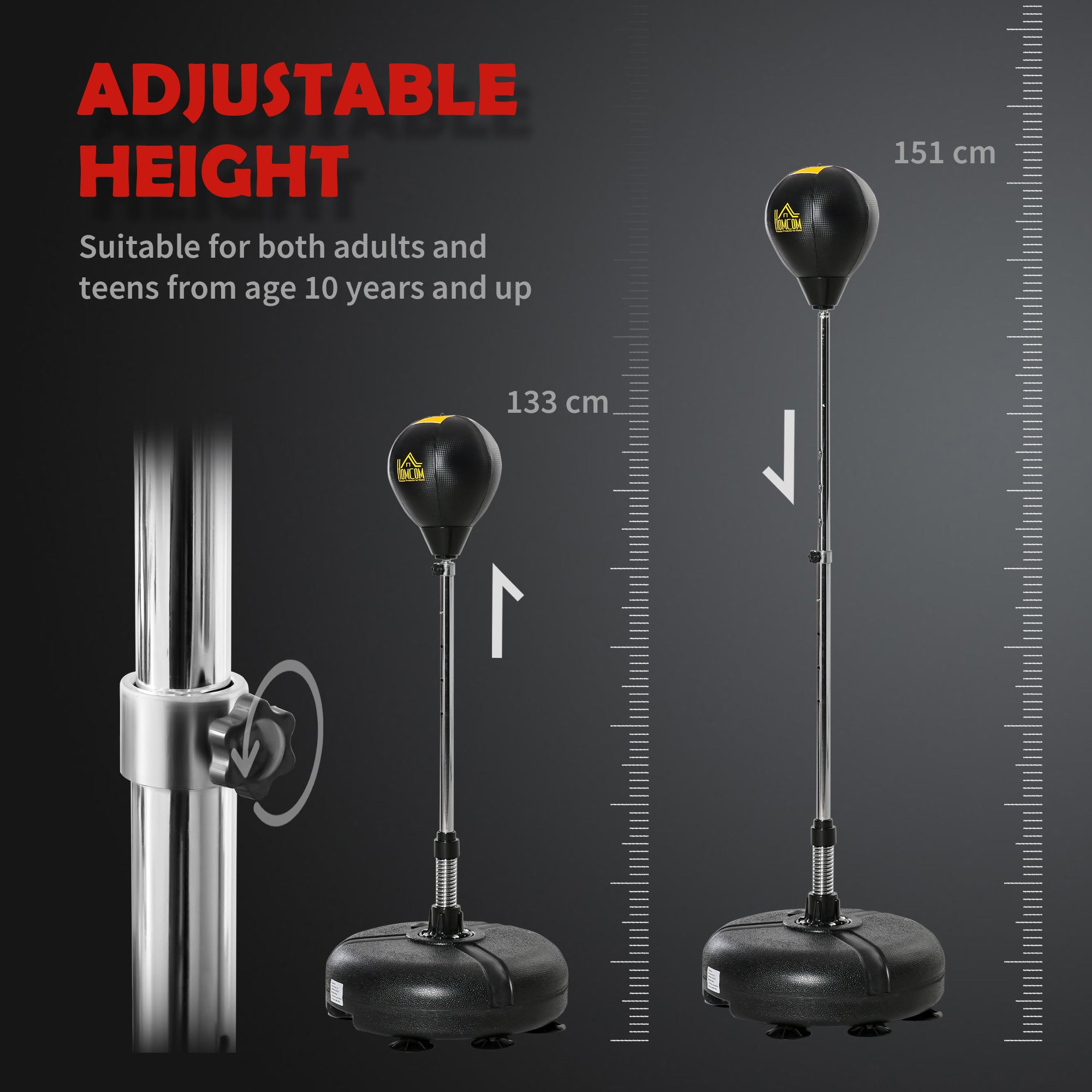 HOMCOM Punching Bag with Stand, Free Standing Boxing Bag Set, Speed Bag with Speedball Adjustable Height from 133cm to 151cm for Teens, Black, Gold Tone - North Peak Garden Furniture