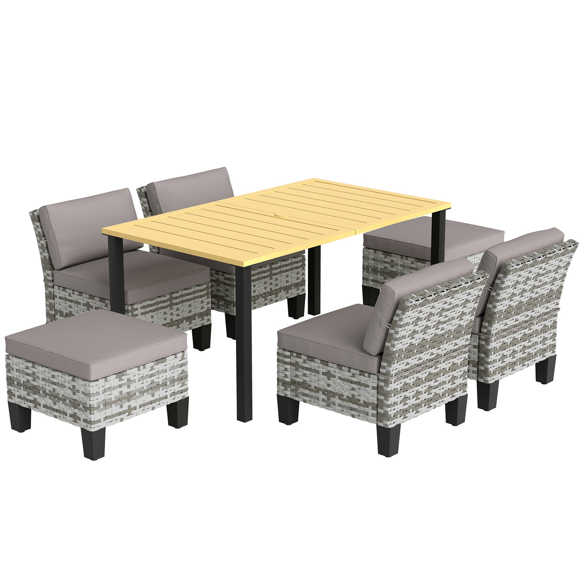 Outsunny 7-Piece Rattan Garden Dining Set, 6 Seater Wicker Garden Furniture Set with Seat and Back Cushions, Umbrella Hole, Patio Table and Chairs with Slatted Metal Top Table for Balcony, Grey - North Peak Garden Furniture
