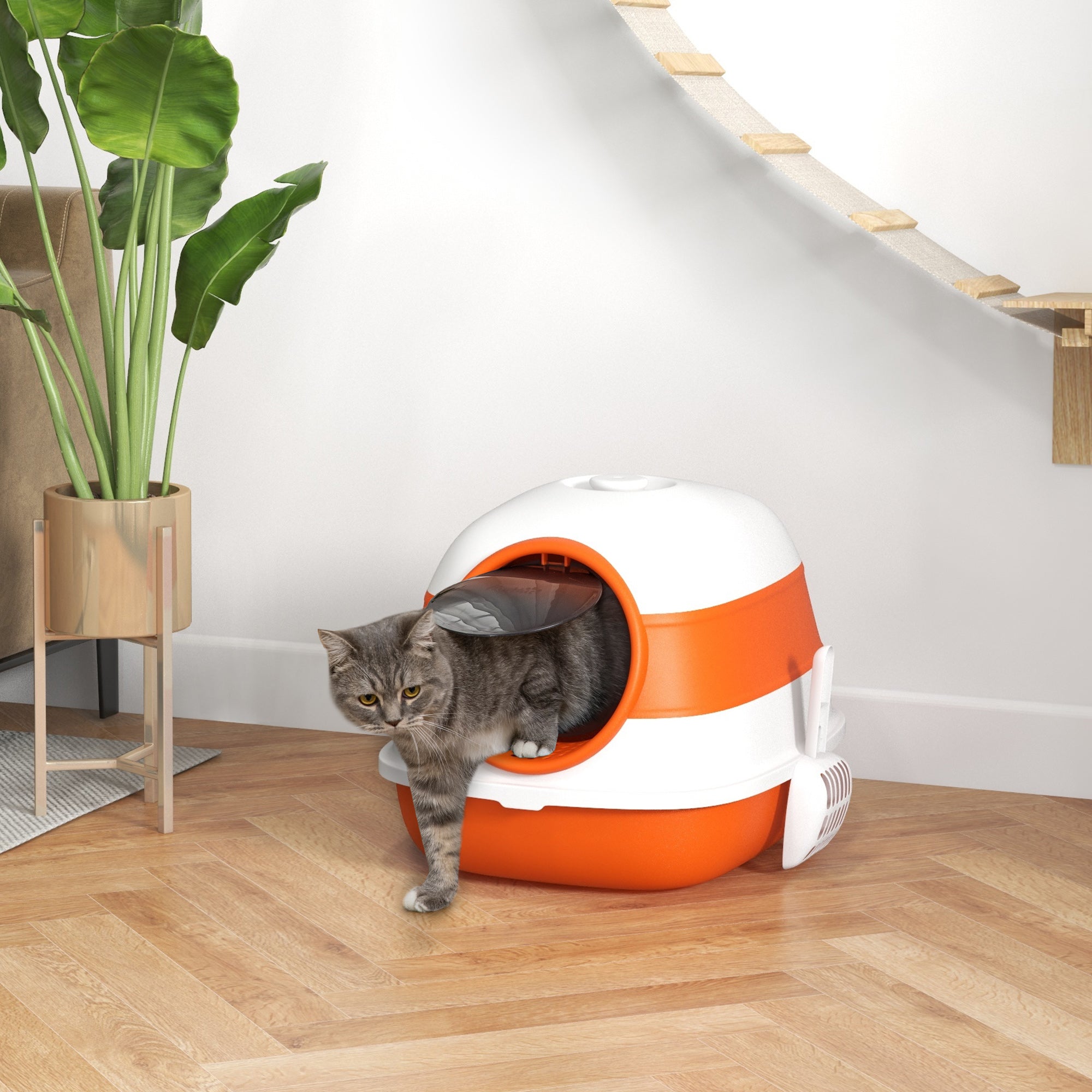 PawHut Foldable Cat Litter Tray with Lid, Deodorant, Scoop, Orange - North Peak Garden Furniture
