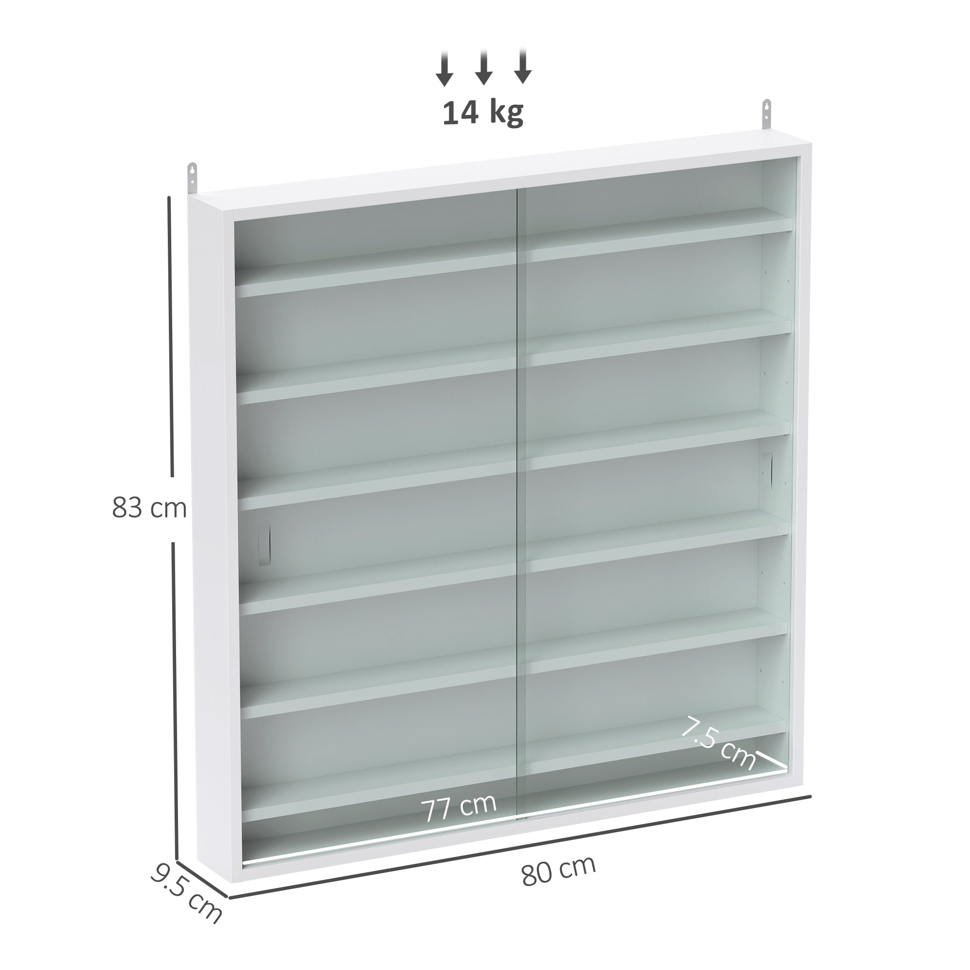 HOMCOM 7-Tier Wall Display Shelf Unit Cabinet w/ 6 Adjustable Shelves Glass Doors Home Office Ornaments 83x80cm, White - North Peak Garden Furniture
