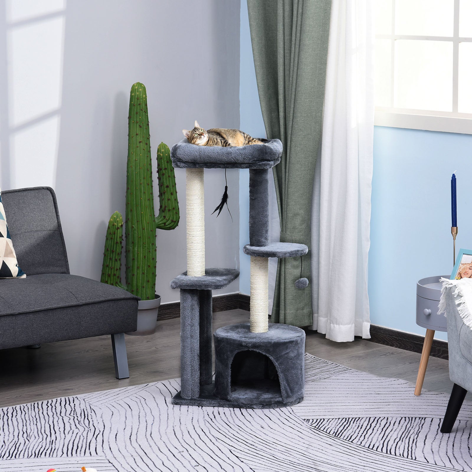 PawHut Cat Tree Tower: Multi-Activity Centre with Perch, House, Scratching Post, Play Ball & Rest Area, Grey & White