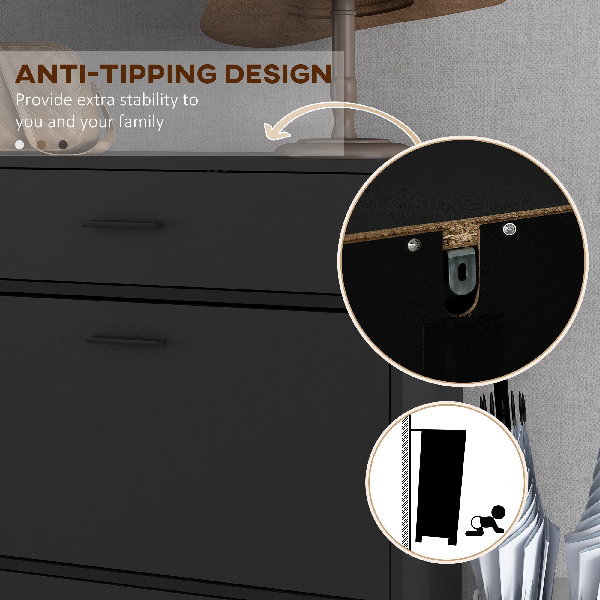 HOMCOM Three Drawer Slim Shoe Storage Cabinet, 12 Shoe Pairs - Black