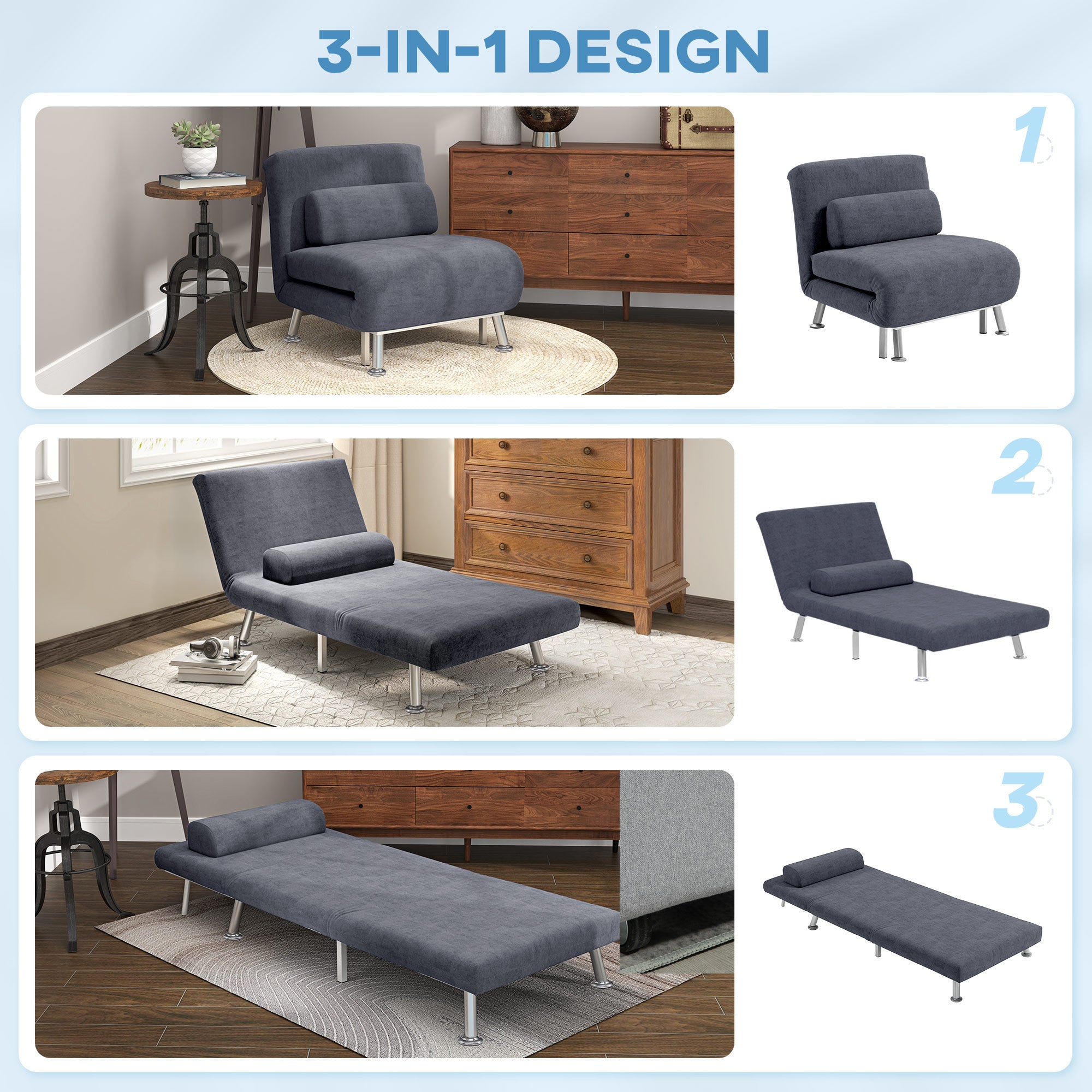 HOMCOM Single Velvet-Feel Sleeper Chair - Charcoal Grey - North Peak Garden Furniture