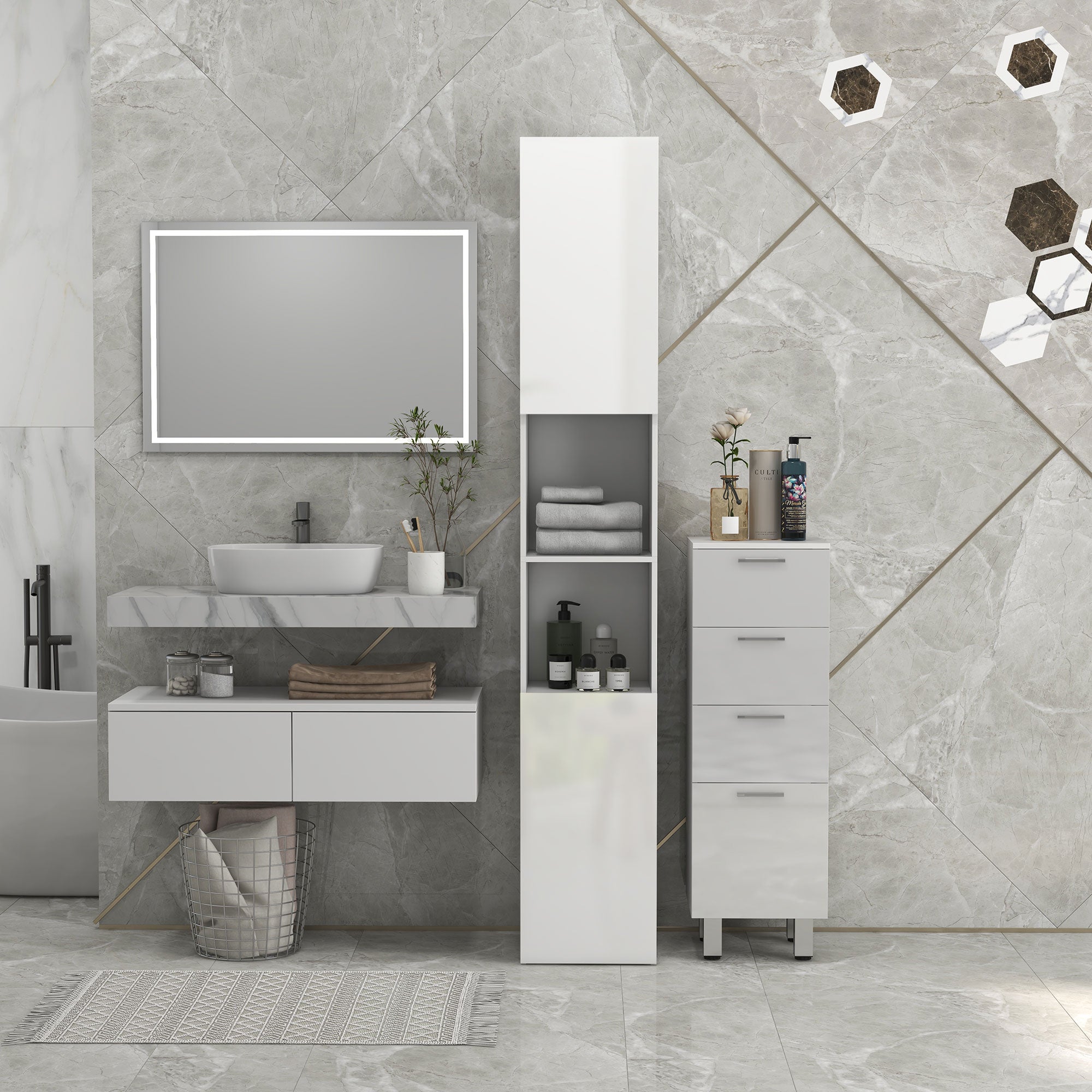 kleankin Multi-Storage Slim Bathroom Cabinet - High Gloss White - North Peak Garden Furniture