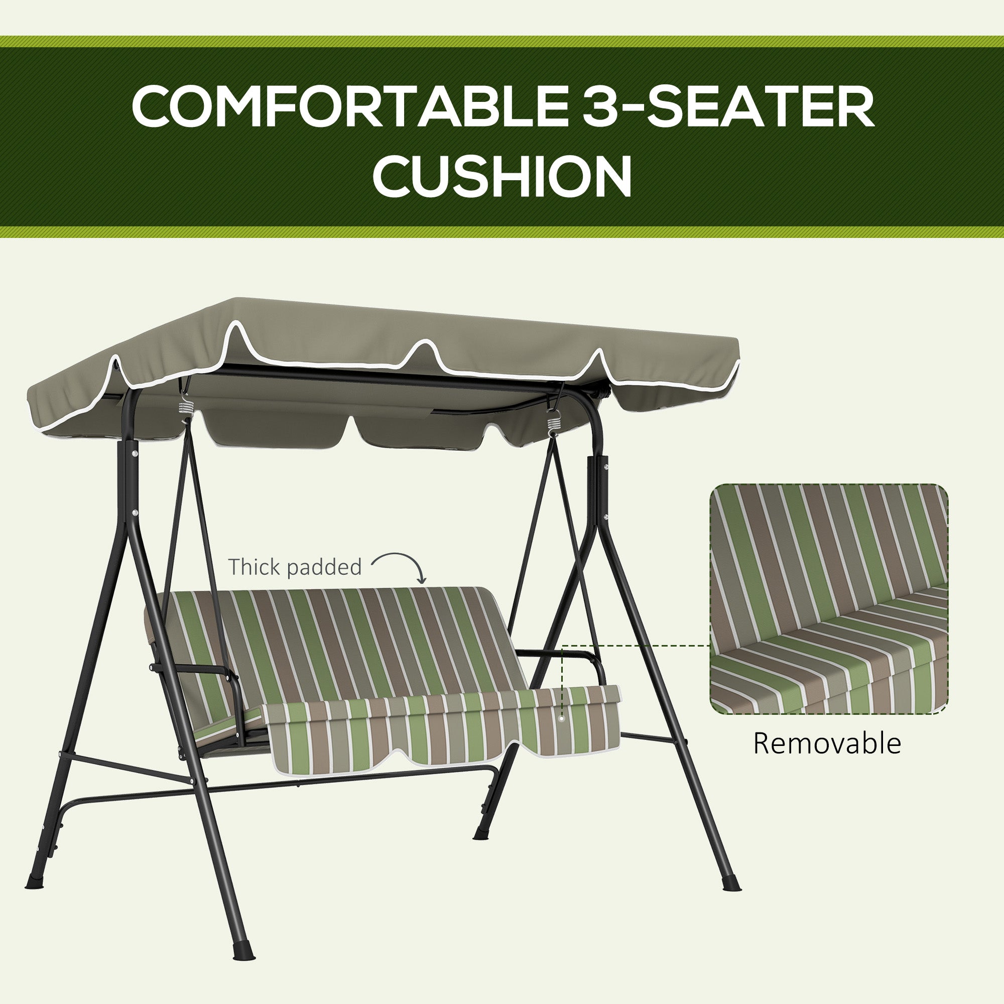 Outsunny Three-Seater Garden Swing Chair, with Adjustable Canopy - Green
