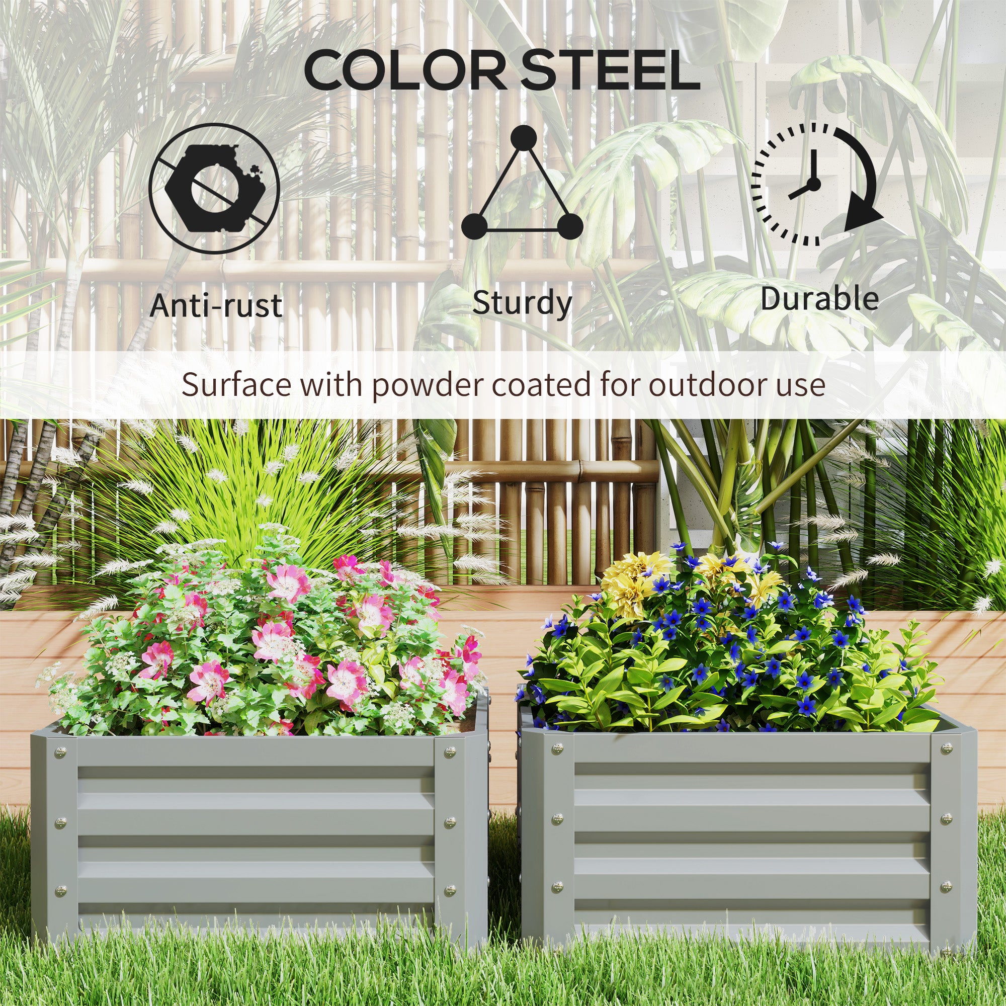 Outsunny Set of Two 60 x 60cm Steel Planter Boxes - Light Grey - North Peak Garden Furniture