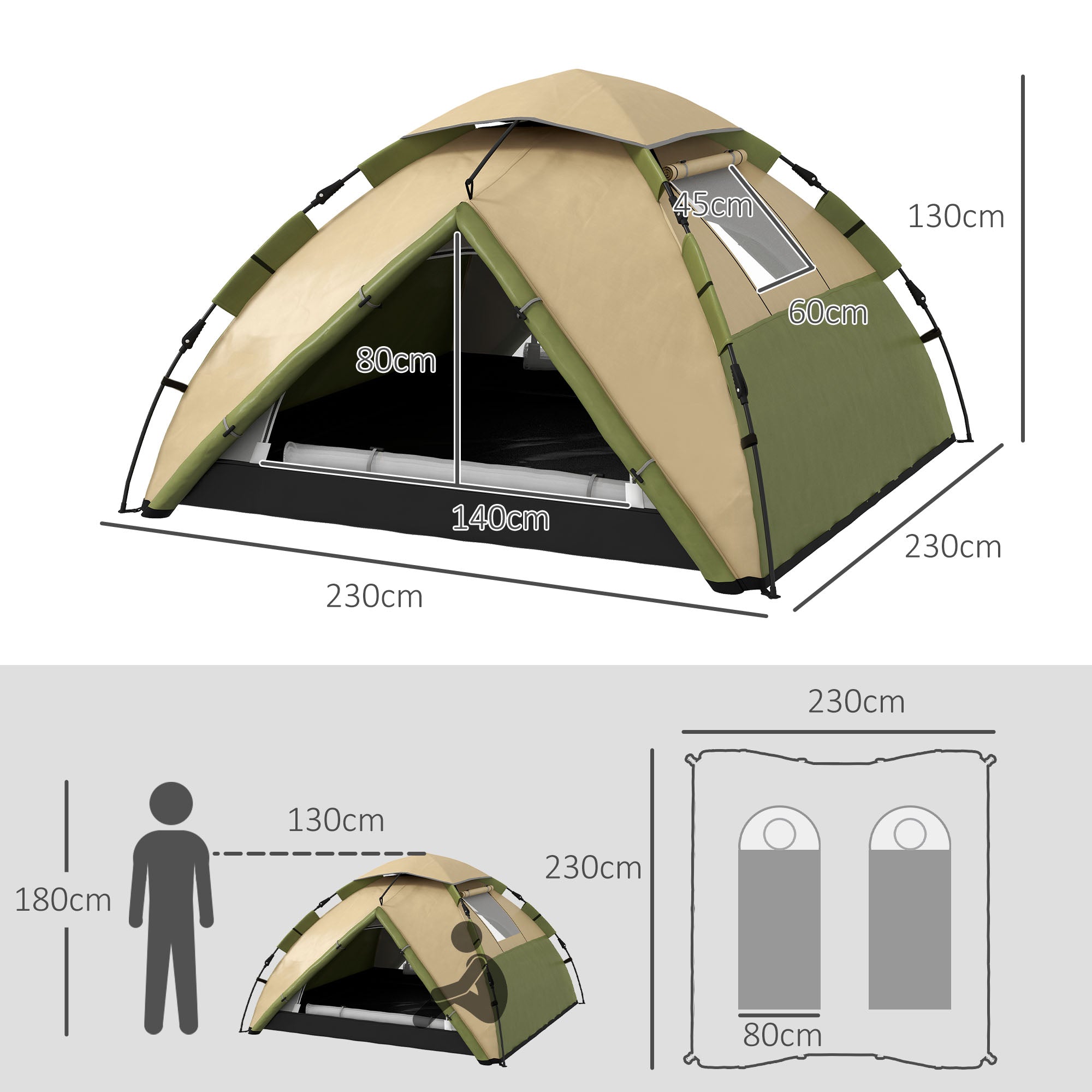 Outsunny Family Camping Tent: Portable 3-4 Person Shelter, 2000mm Waterproof with Carry Bag, Dark Green | Aosom UK