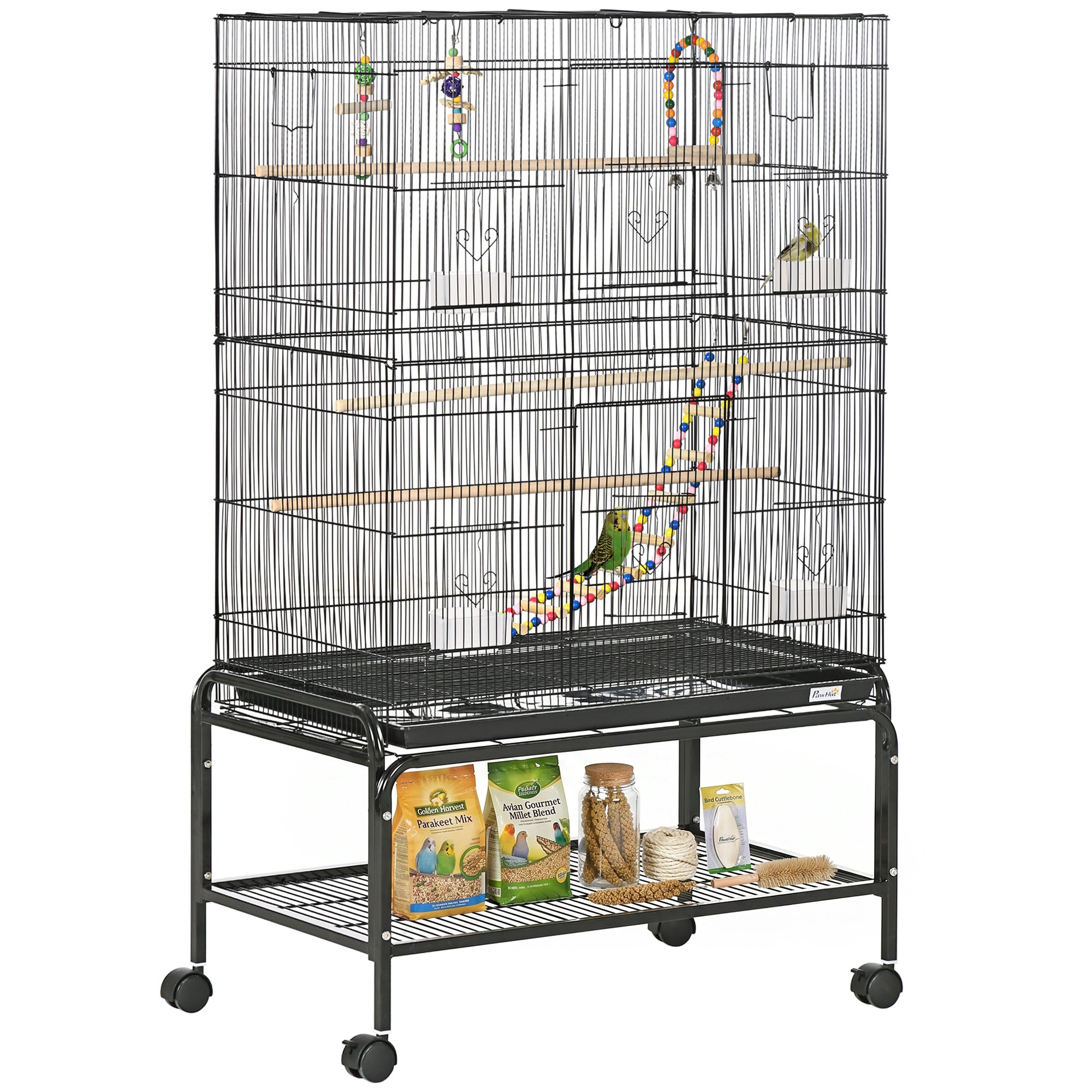 PawHut Large Bird Cage Budgie Cage with Stand, Toys, Wheels, Accessories, Storage Shelf for Canaries, Finches, Lovebirds, Parakeets - Black, 79 x 49 x 133 cm