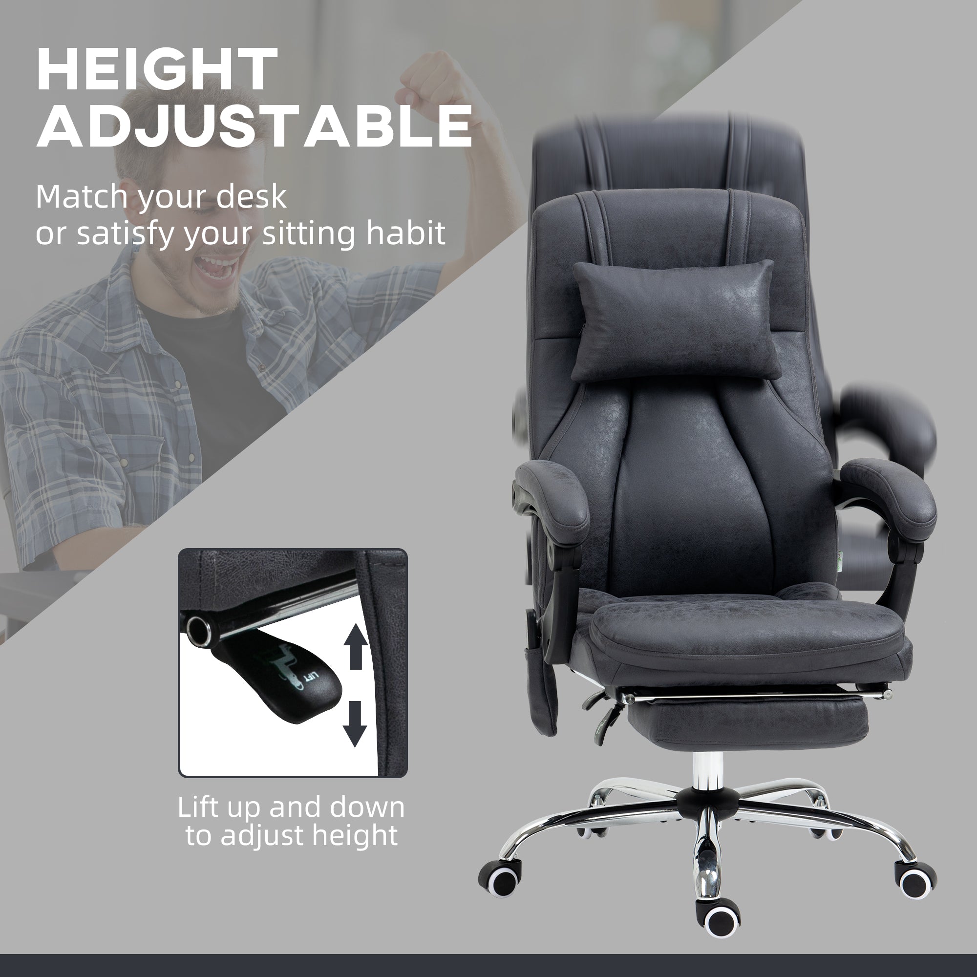 Vinsetto Office Chair with Lumbar Massage, 135° Reclining Computer Chair with Adjustable Headrest, Retractable Footrest, 10cm Double Padded Seat, Microfiber Fabric, Metal Base, Dark Grey