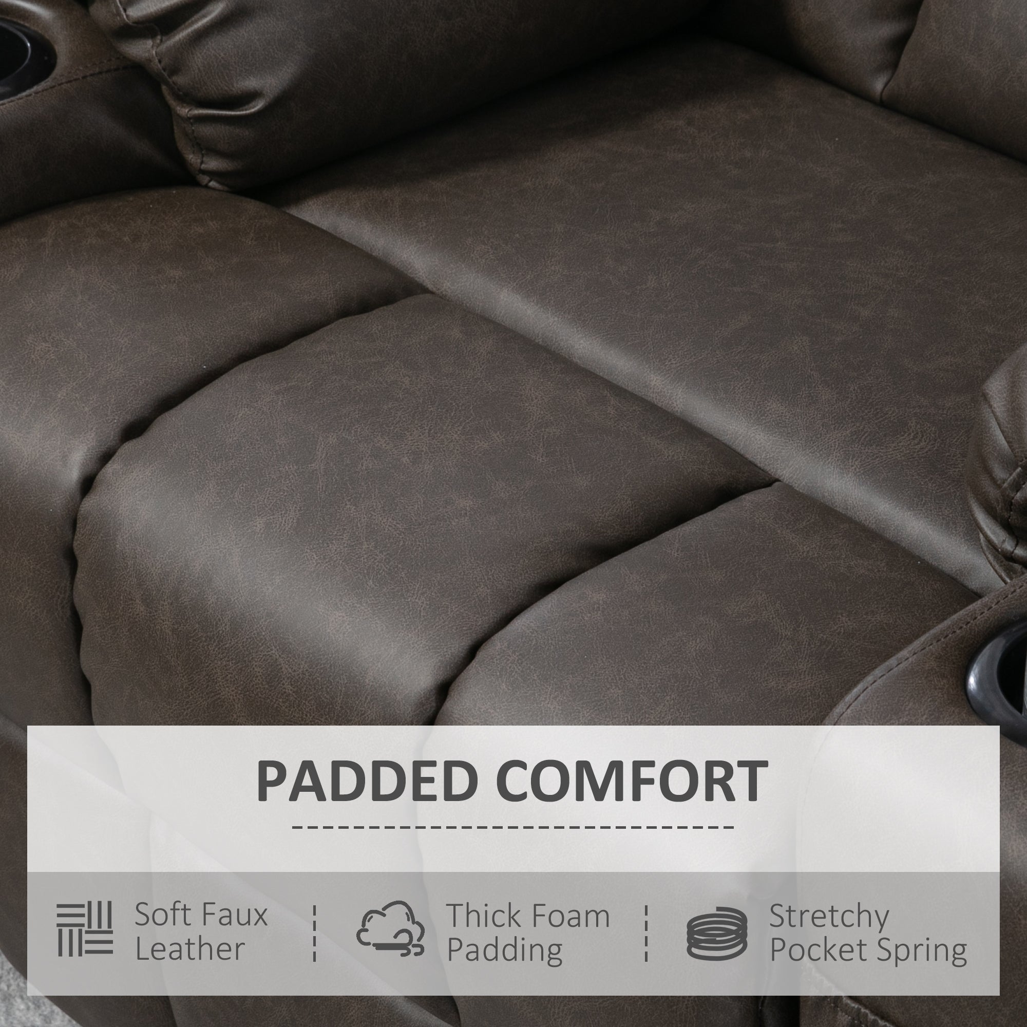 HOMCOM Manual Reclining Chair, Recliner Armchair with Faux Leather, Footrest, Cup Holders, 86x93x102cm, Brown - North Peak Garden Furniture