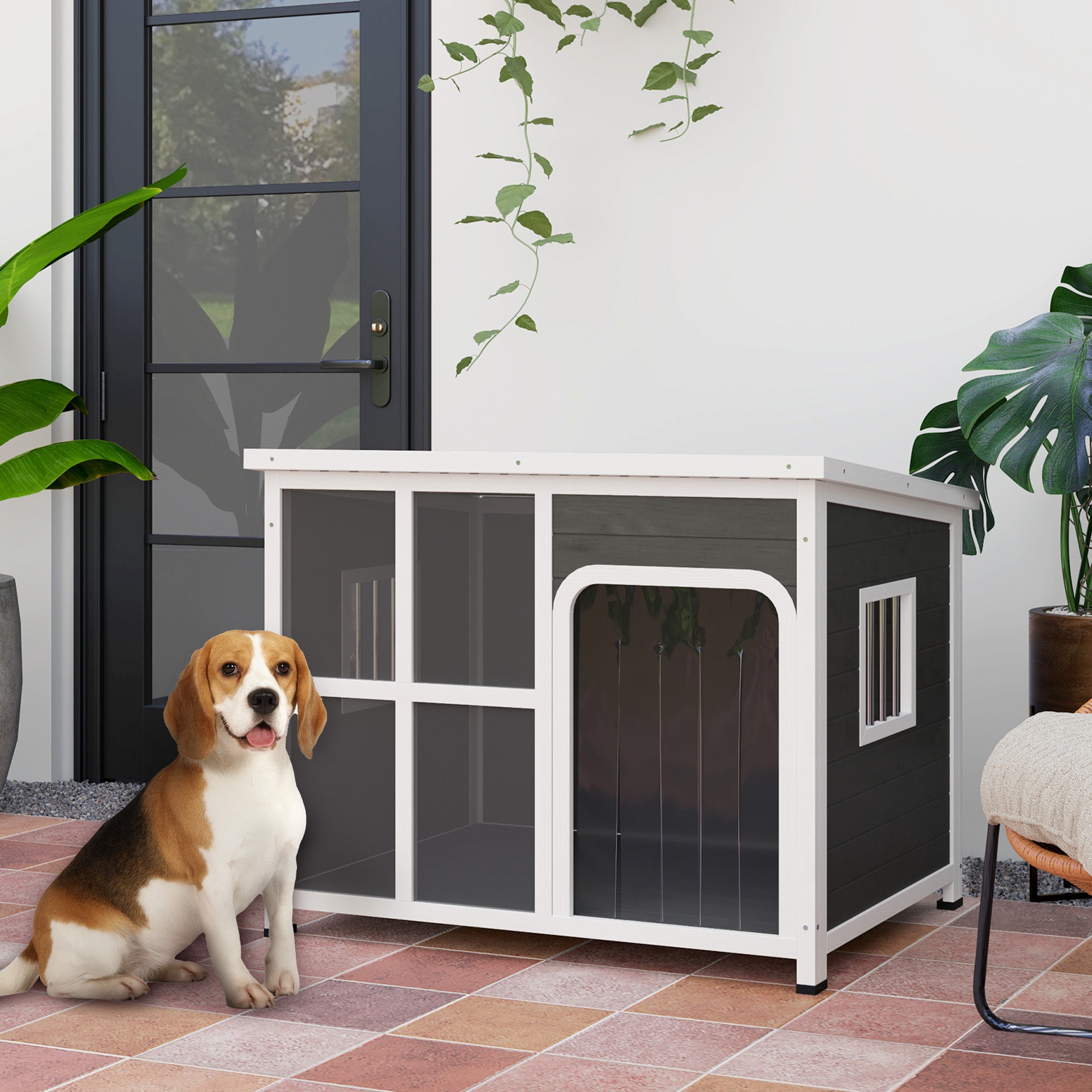 PawHut Wooden Dog House Outdoor with  Asphalt Openable Top, Removable Floor, Clear Front Panel, Curtain, 103 x 77 x 83cm