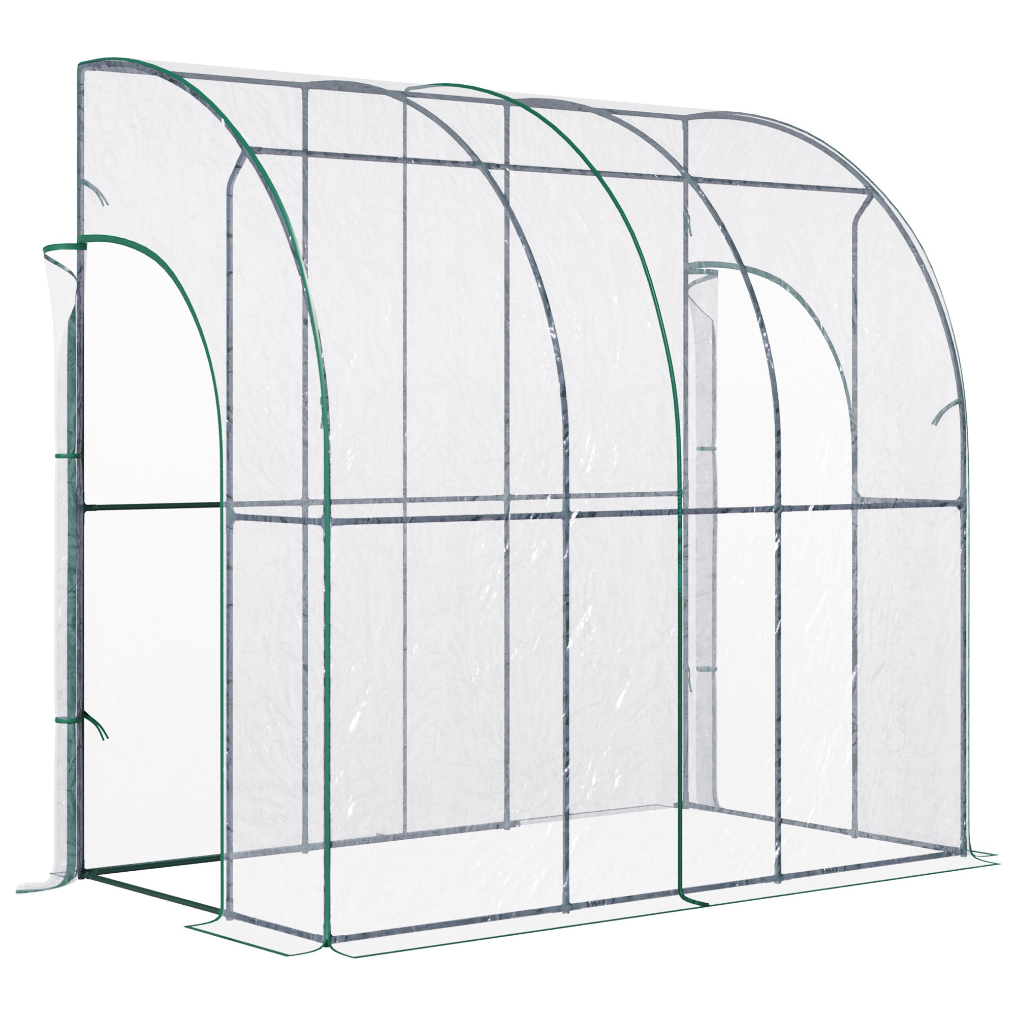 Outsunny Outdoor Walk-In Lean to Wall Tunnel Greenhouse with Zippered Roll Up Door PVC Cover Sloping Top, Clear, Green 214cm x 118cm x 212cm