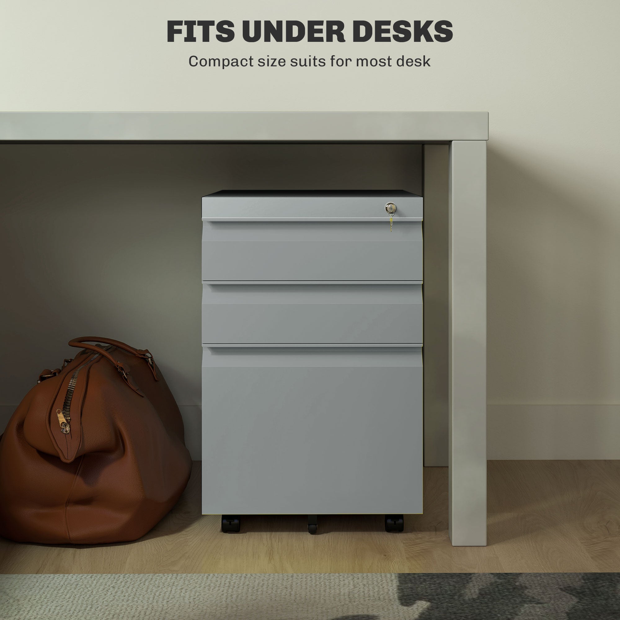 Vinsetto 3 Drawer Filling Cabinet, Mobile Metal File Cabinet with Anti-tilt Design for Letter, A4, Legal Size, Grey - North Peak Garden Furniture
