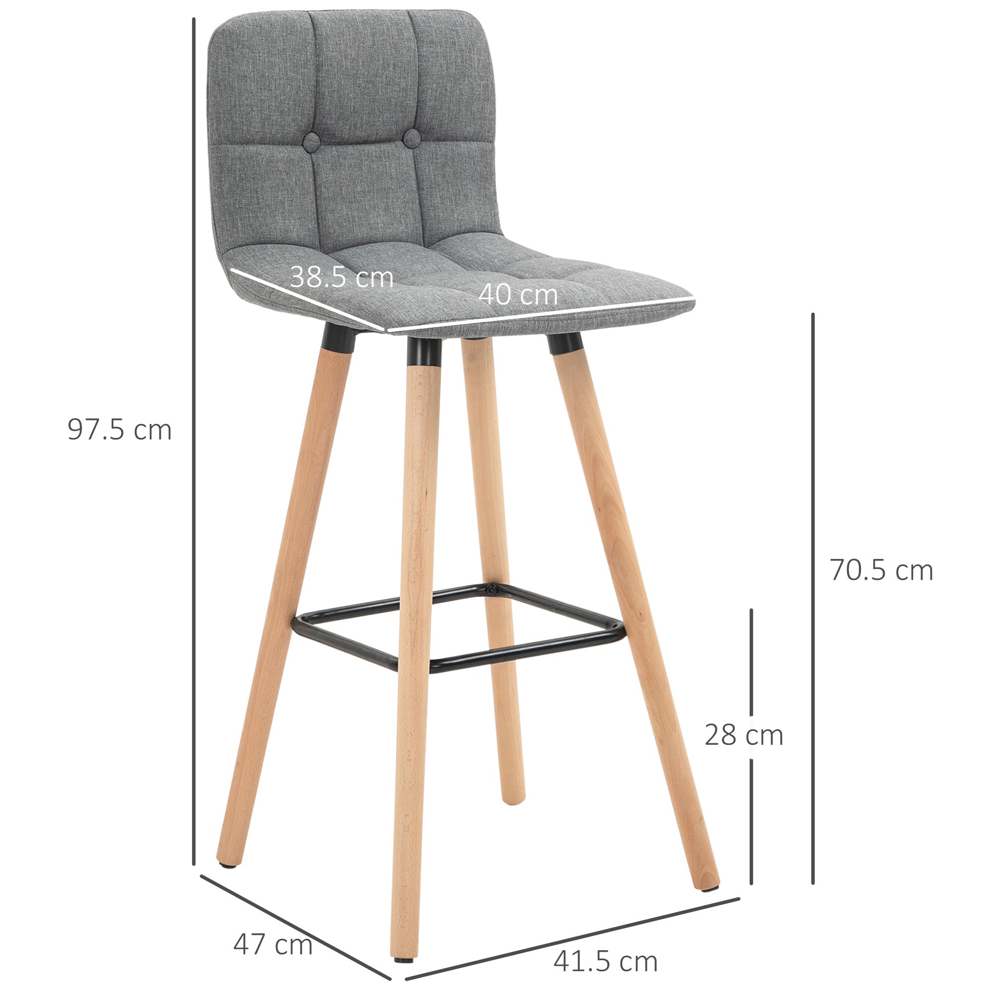 HOMCOM Bar stool Set of 2 Armless Button-Tufted Counter Height Bar Chairs with Wood Legs & Footrest, Grey - North Peak Garden Furniture