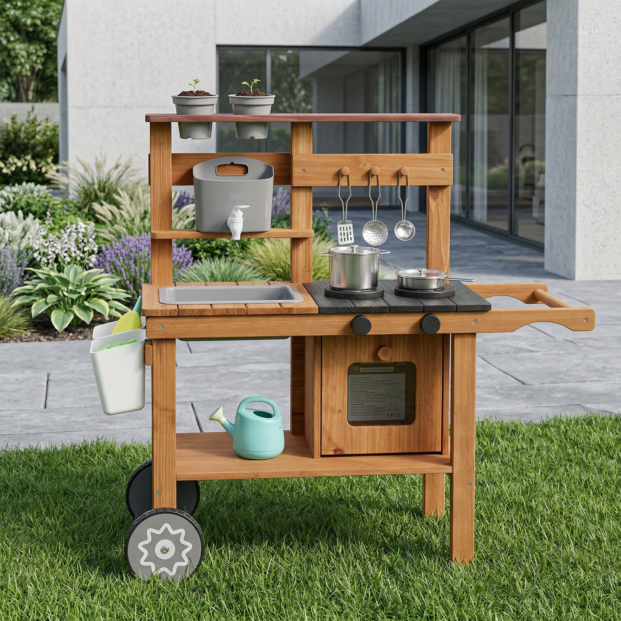 AIYAPLAY Wooden Mud Kitchen with Wheels, Stove, Faucet, Flower Pots, Stainless Steel Accessories for Toddlers 3-6, Brown