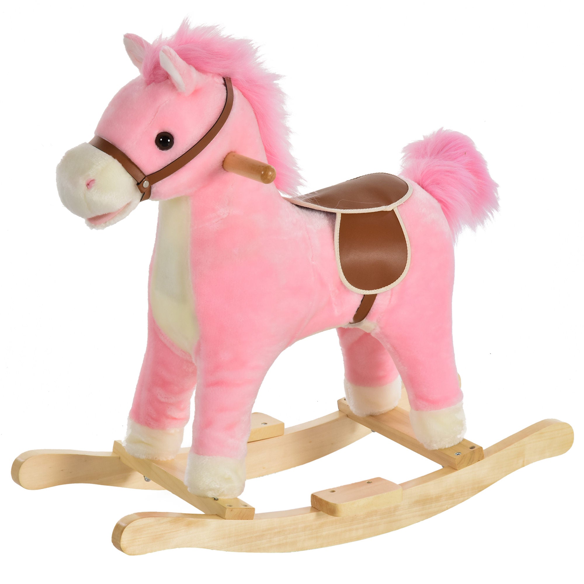 HOMCOM Kids Plush Rocking Horse w/ Sound Moving Mouth Wagging Tail Children Rocker Ride On Toy Gift 3-6 Years Pink