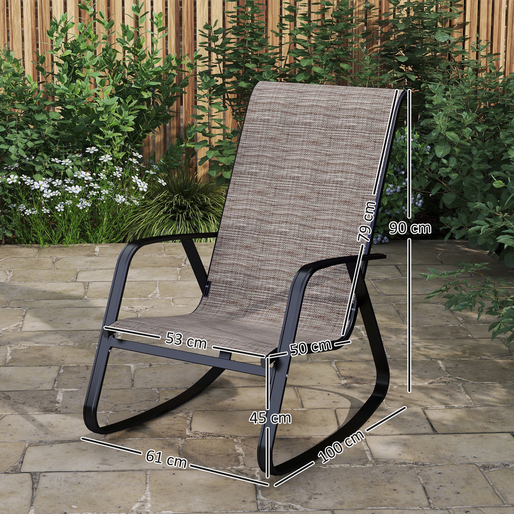 Outsunny Garden Rocking Chairs Set of 2, Ergonomic Outdoor Rocking Chairs with Armrests, High Backrest, Steel Frame Relaxing Rocker Armchair Seats for Patio, Balcony, Porch, Light Brown - North Peak Garden Furniture