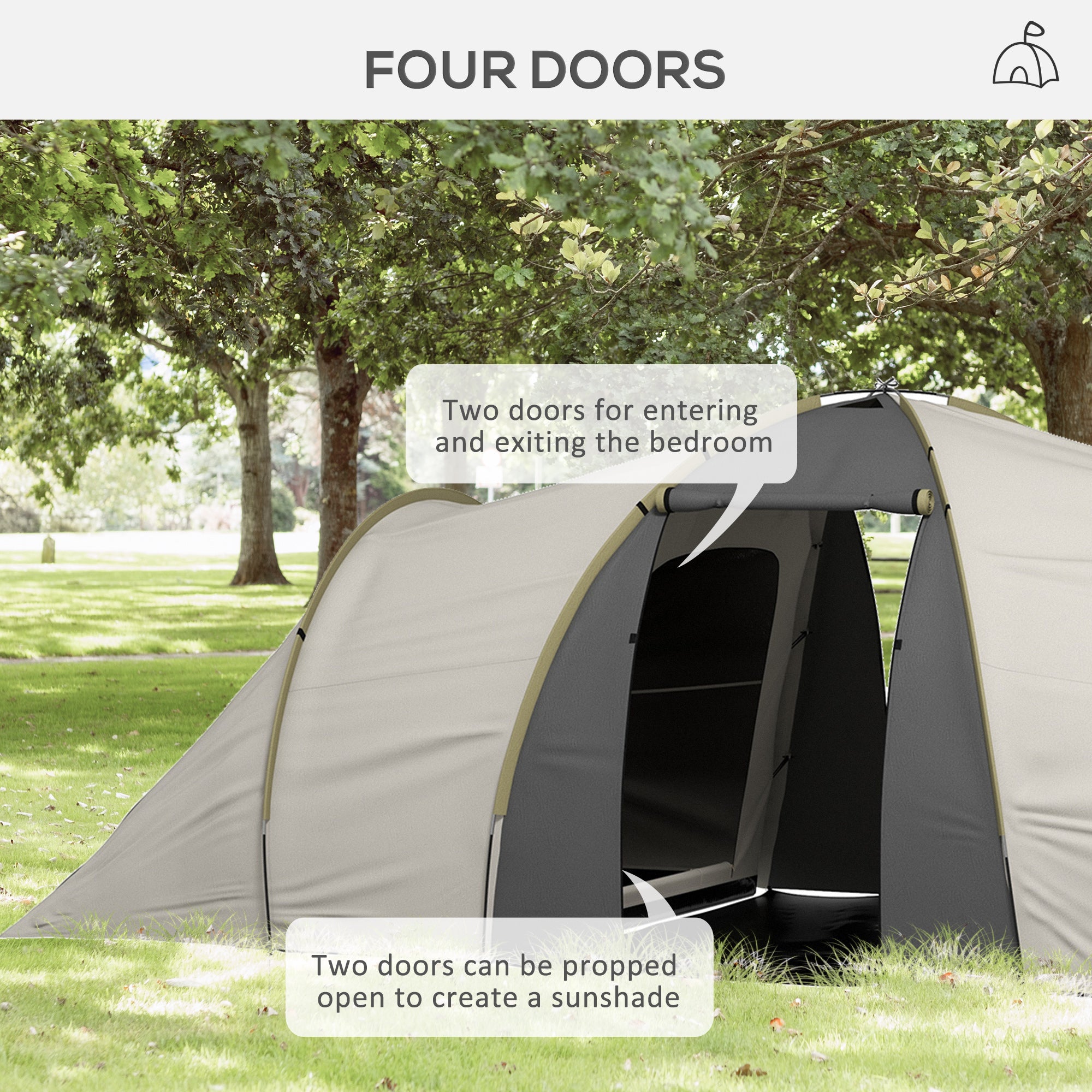 Outsunny Four-Man Tunnel Tent, with Two Bedrooms and Living Room - Grey/Yellow - North Peak Garden Furniture