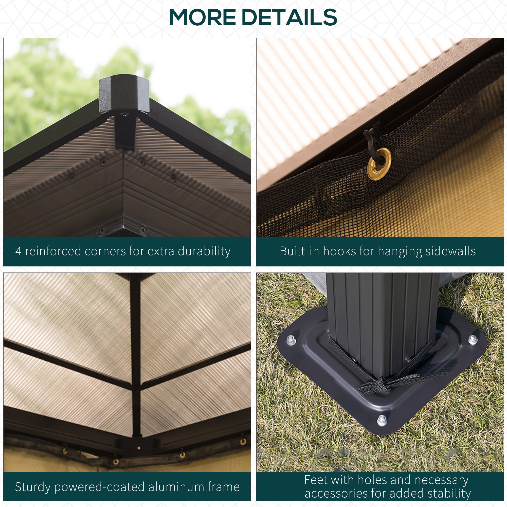 Outsunny 3 x 3.6(m) Hardtop Gazebo Canopy with Polycarbonate Roof and Aluminium Frame, Garden Pavilion with Mosquito Netting and Curtains, Brown - North Peak Garden Furniture