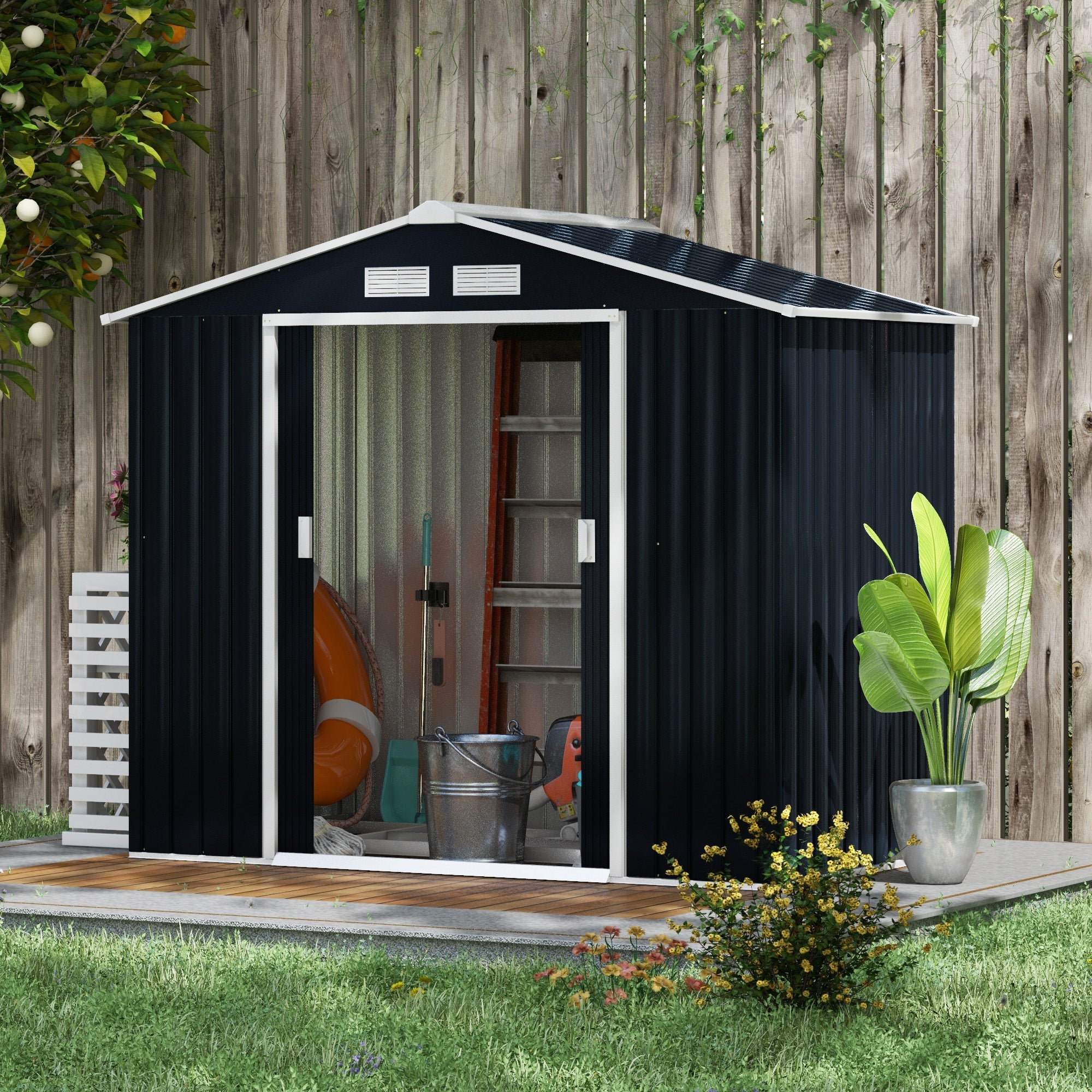 Outsunny 7 x 4ft Metal Garden Shed, Outdoor Storage Tool House with Ventilation Slots, Foundation Kit and Lockable Double Doors, Dark Grey