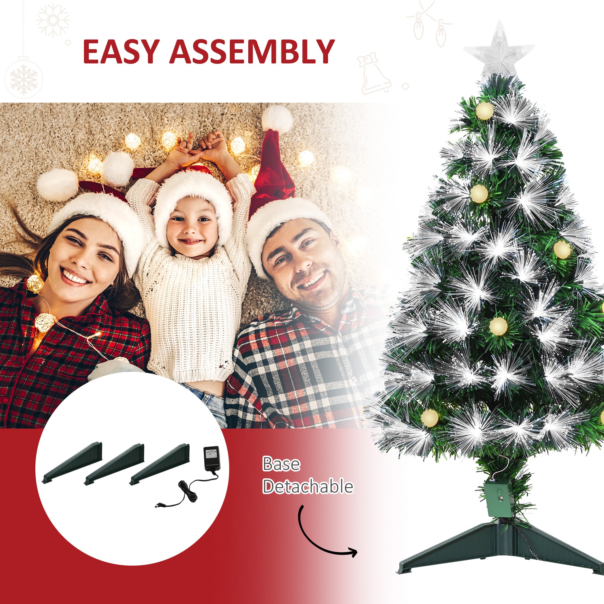 HOMCOM 3ft White Light Artificial Christmas Tree w/ 90 LEDs Star Topper Tri-Base Full Bodied Seasonal Decoration Pre-Lit Home - North Peak Garden Furniture