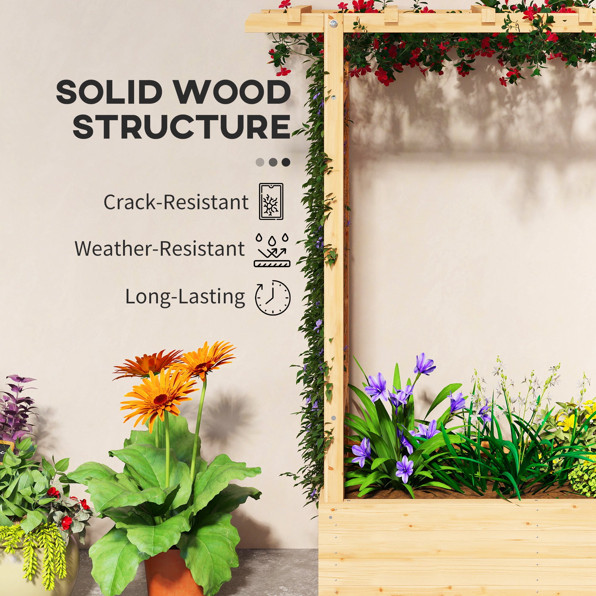 Outsunny Garden Planter with Trellis, Wooden Raised Bed for Garden with Hanging Roof and Drainage Holes, Outdoor Trellis Planter Box for Vegetables, Herbs and Flowers, 110 x 44 x 113 cm, Natural