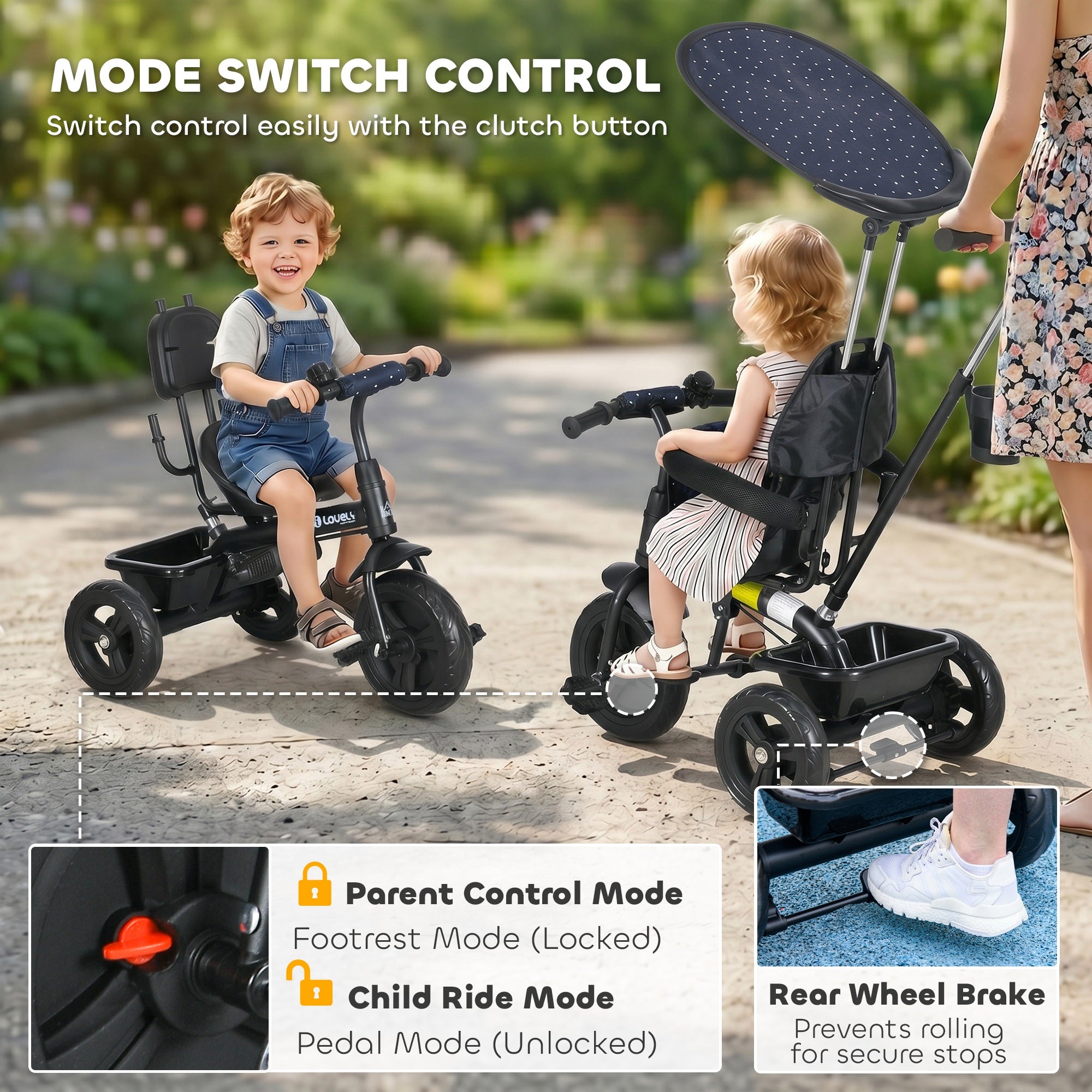 HOMCOM 6 in 1 Tricycle for Kids with 5-point harness straps, Removable Canopy, Dark Blue