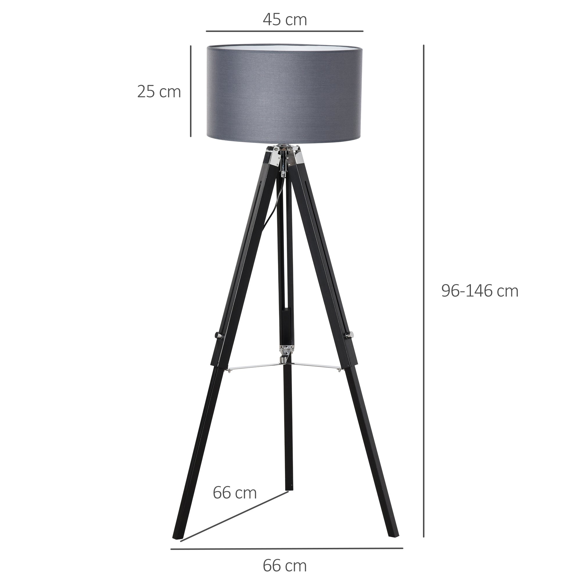 HOMCOM Modern Tripod Floor Lamps for Living Room with Fabric Lampshade, Standing Lamp for Bedroom Bulb not Included, Grey and Black