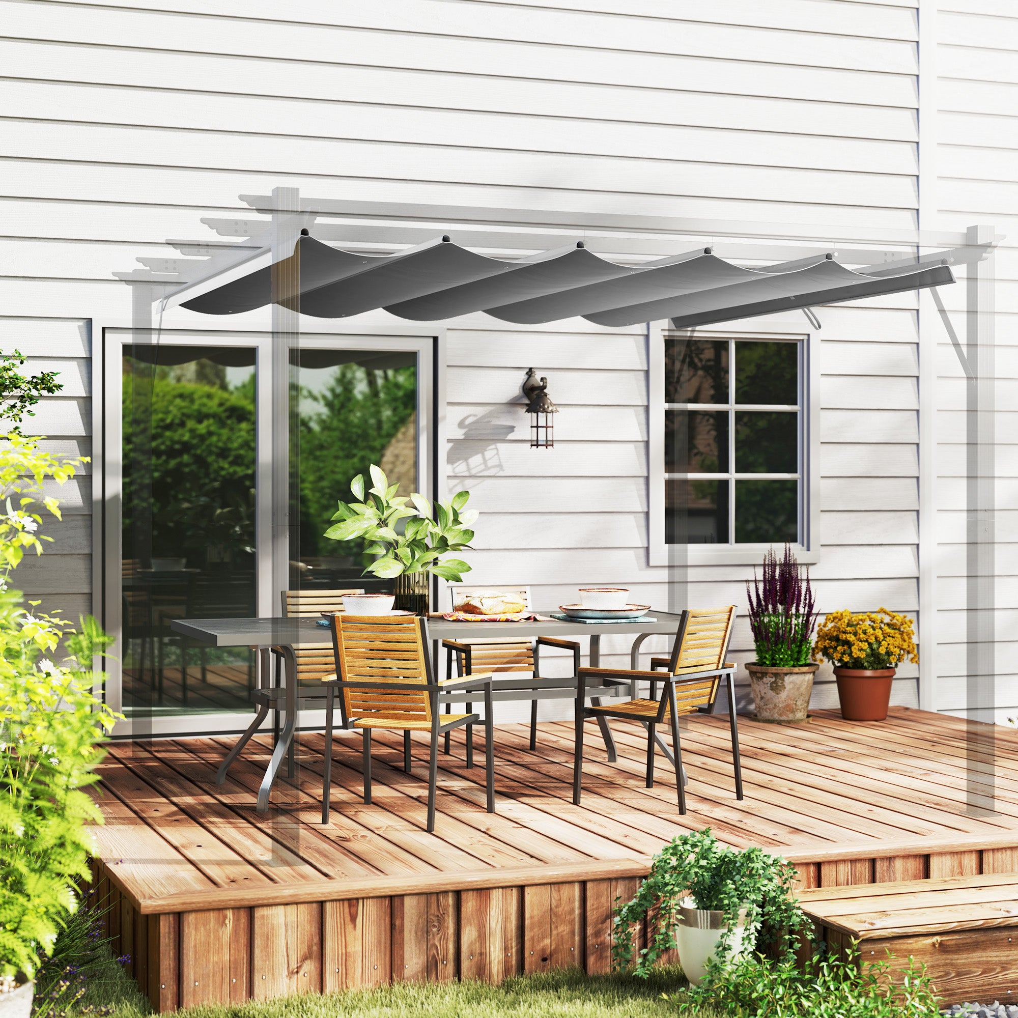 Outsunny Retractable Pergola Shade Cover, Replacement Canopy Fabric for 3 x 3 (m) Pergola, Gazebo Retractable Roof, Light Grey - North Peak Garden Furniture