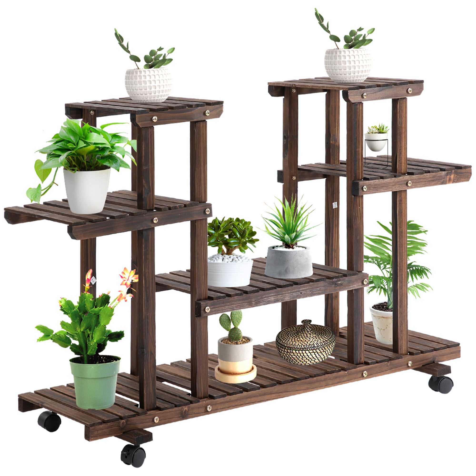 Outsunny 4-Tier Plant Stand with Wheels and Brakes, Floor-standing Wooden Flower Rack, for Indoor & Outdoor Garden Balcony Living Room, 124 x 33 x 80 cm