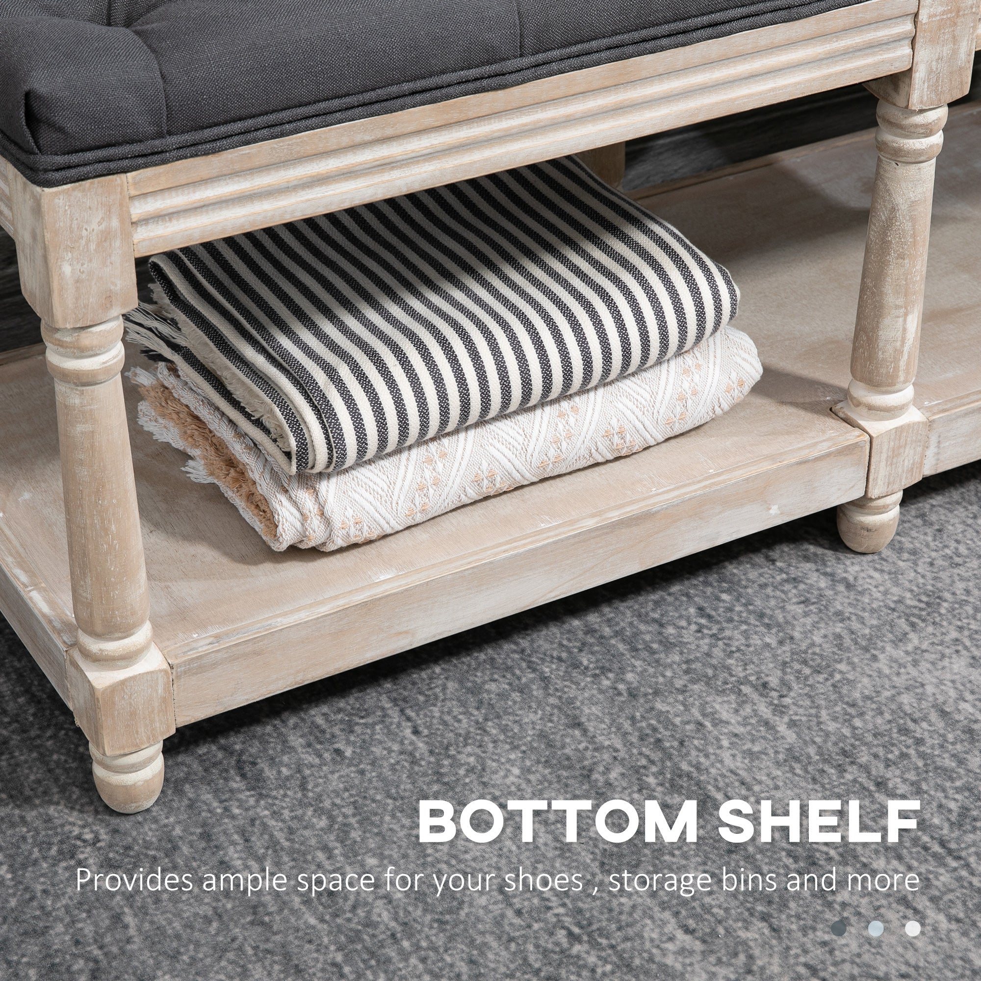 HOMCOM 2-Tier Bed End Bench, Vintage Stool, Wooden Window Seat with Storage Shelf, Button Tufted Upholstered Footstool for Living Room, Bedroom, Entryway, Grey - North Peak Garden Furniture