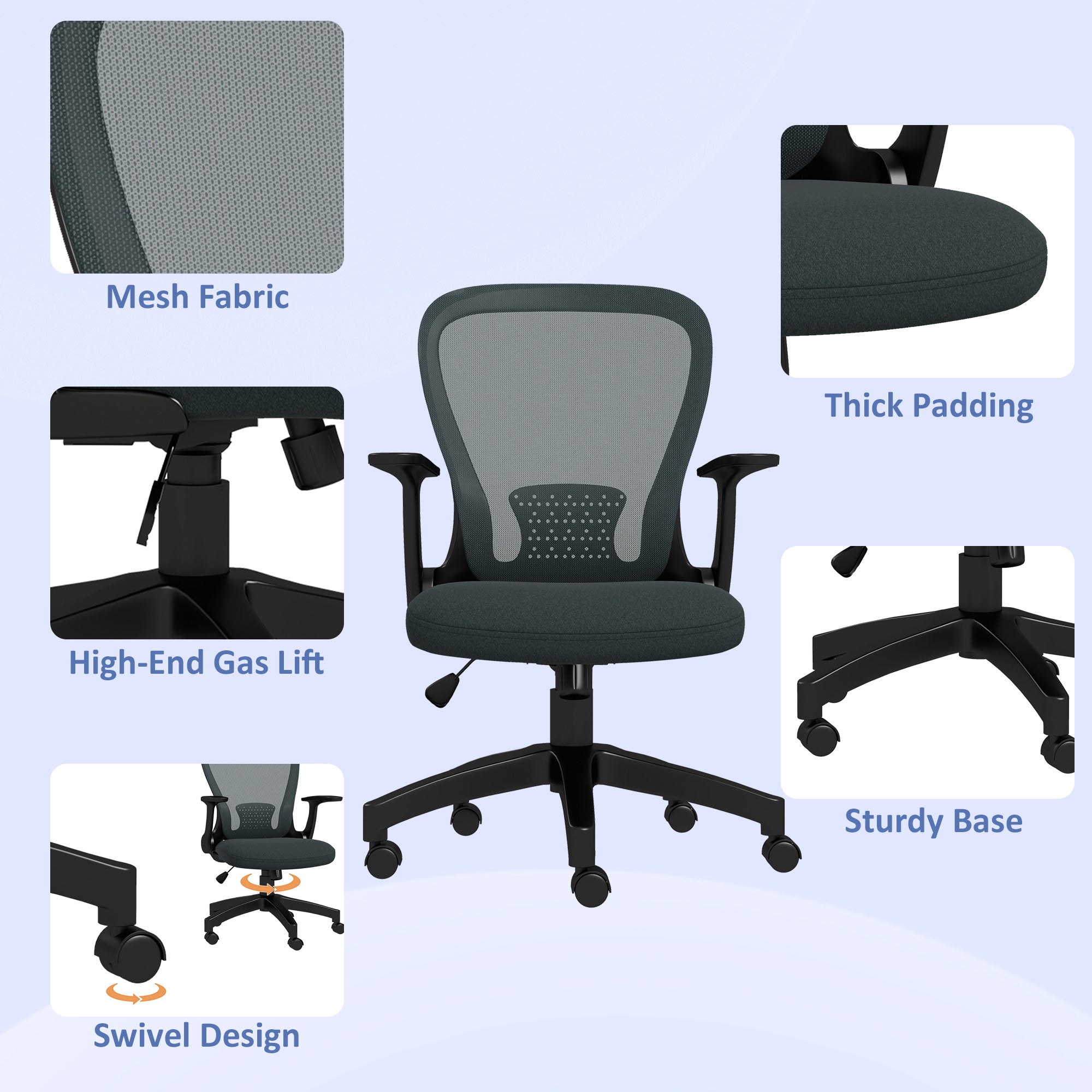 Vinsetto Ergonomic Office Chair, Mesh Desk Chair with Flip-up Armrest, Lumbar Back Support, Swivel Wheels, Grey - North Peak Garden Furniture