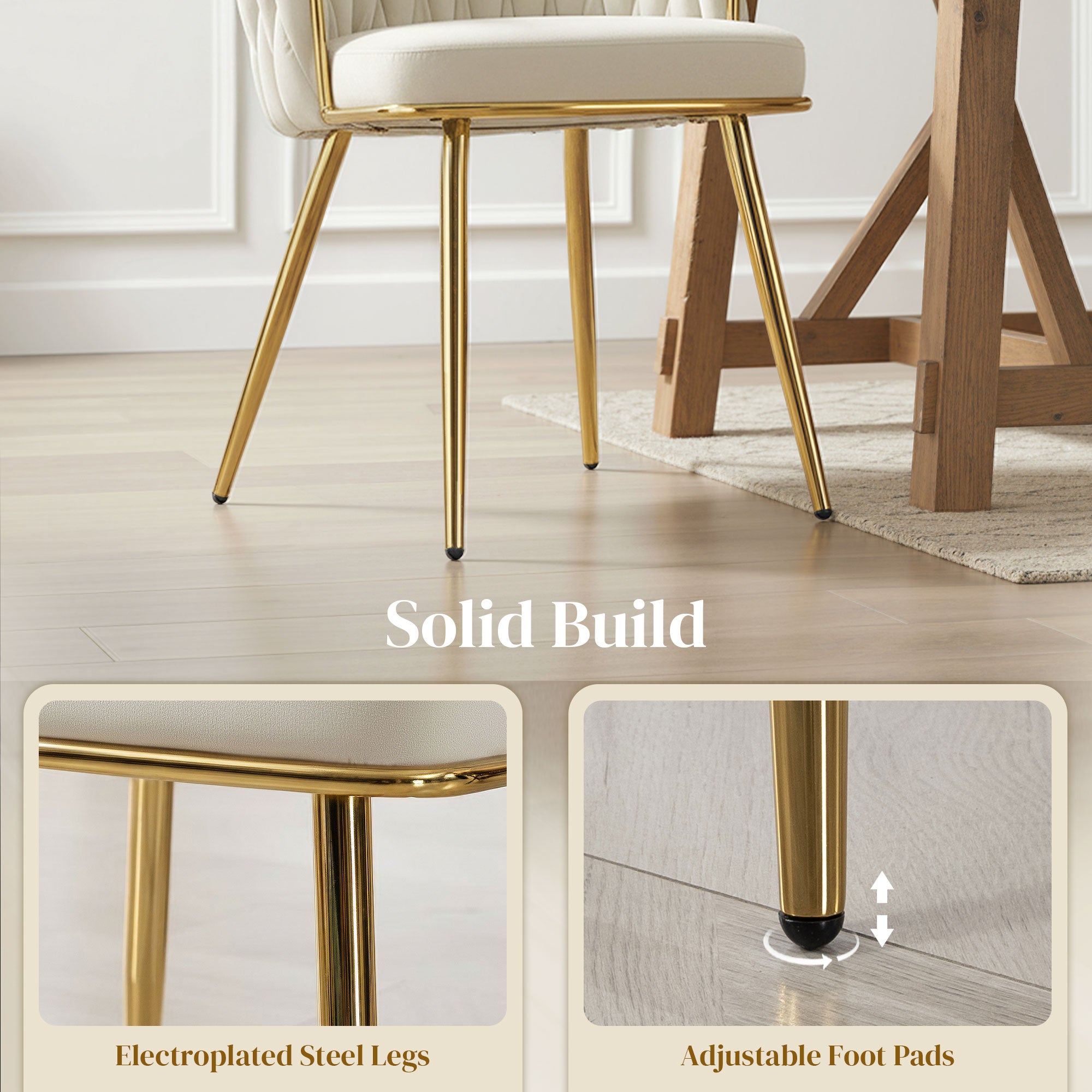 HOMCOM Velvet-Feel Dining Chairs Set of 2, Modern Upholstered Kitchen Chairs with Woven Backrest and Armrests, Metal Legs and Padded Seat for Dining Room, Bedroom, Living Room, Cream