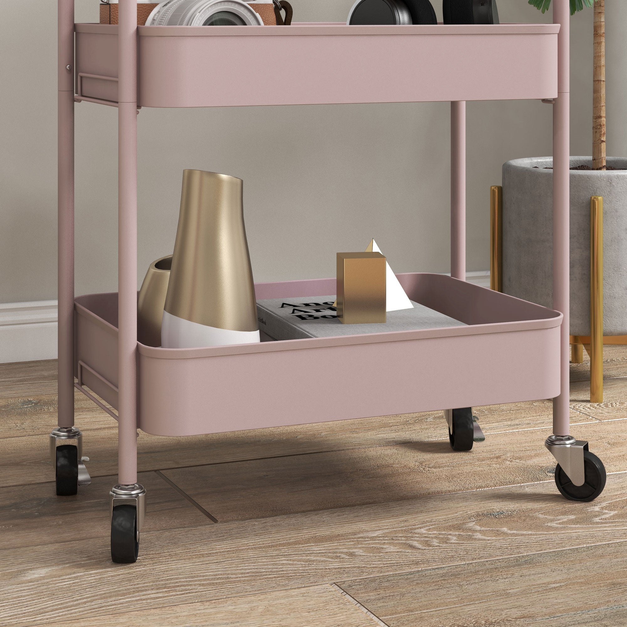 HOMCOM Three-Tier Steel Storage Trolley - Pink