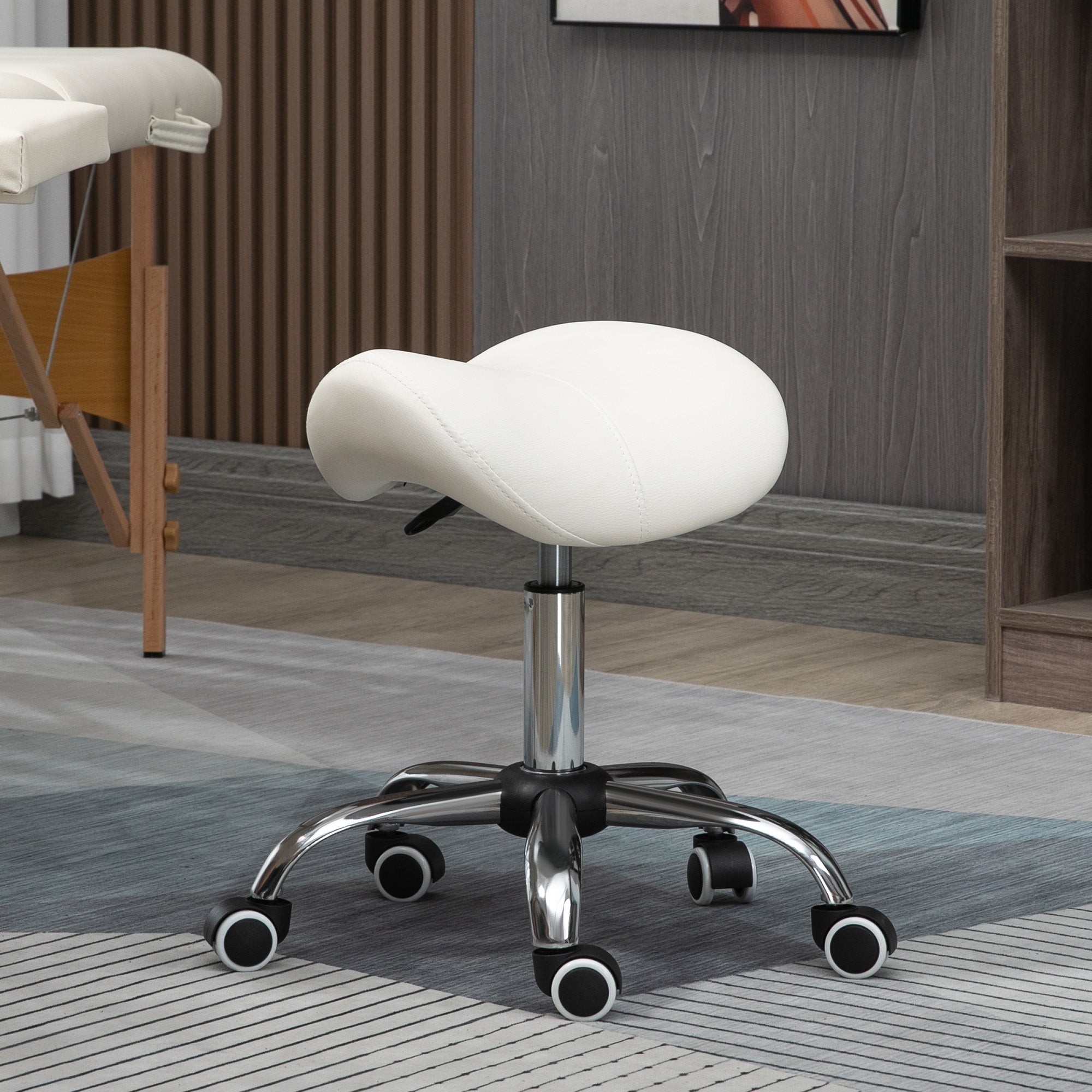 HOMCOM Cosmetic Stool 360° Rotate Height Adjustable Salon Massage Spa Chair Hydraulic Rolling Faux Leather Saddle Stool, Cream - North Peak Garden Furniture