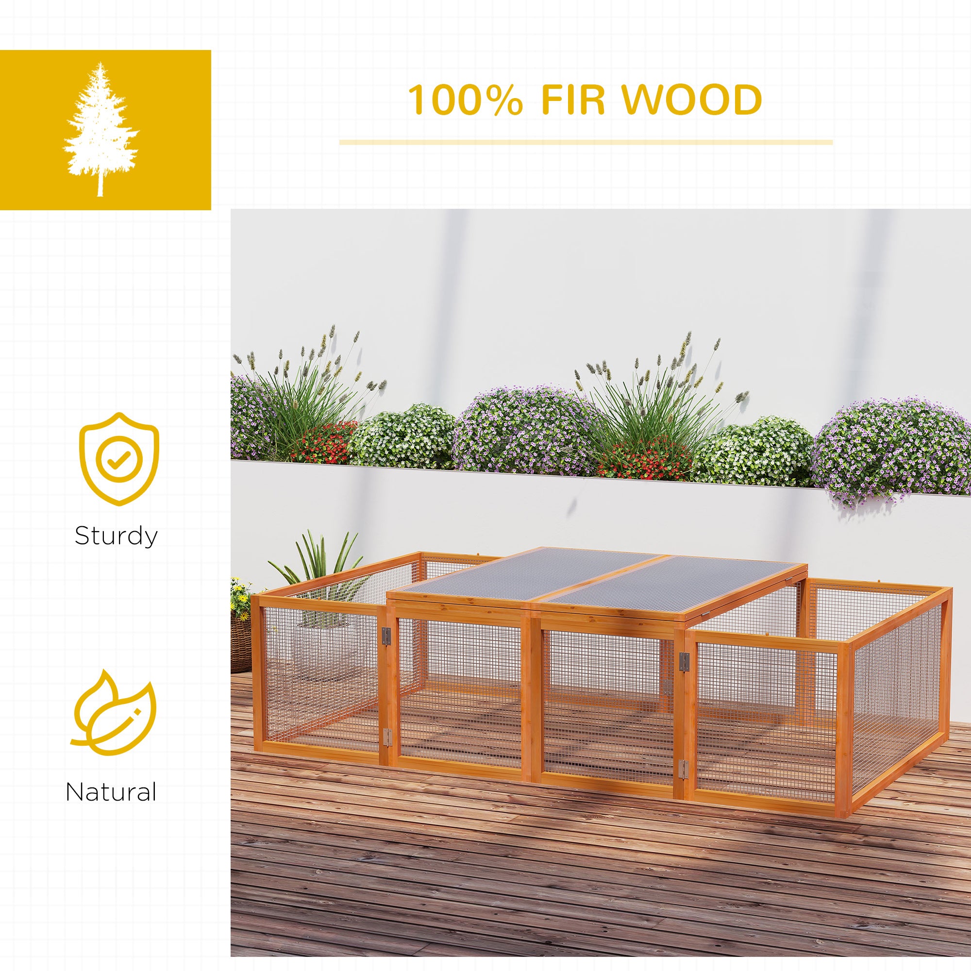 Pawhut Rabbit Run Wooden Rabbit Hutch Cage 6ft with Wire Mesh, Openable Roof, Play Space for Outdoor, 181 x 100 x 48 cm - North Peak Garden Furniture