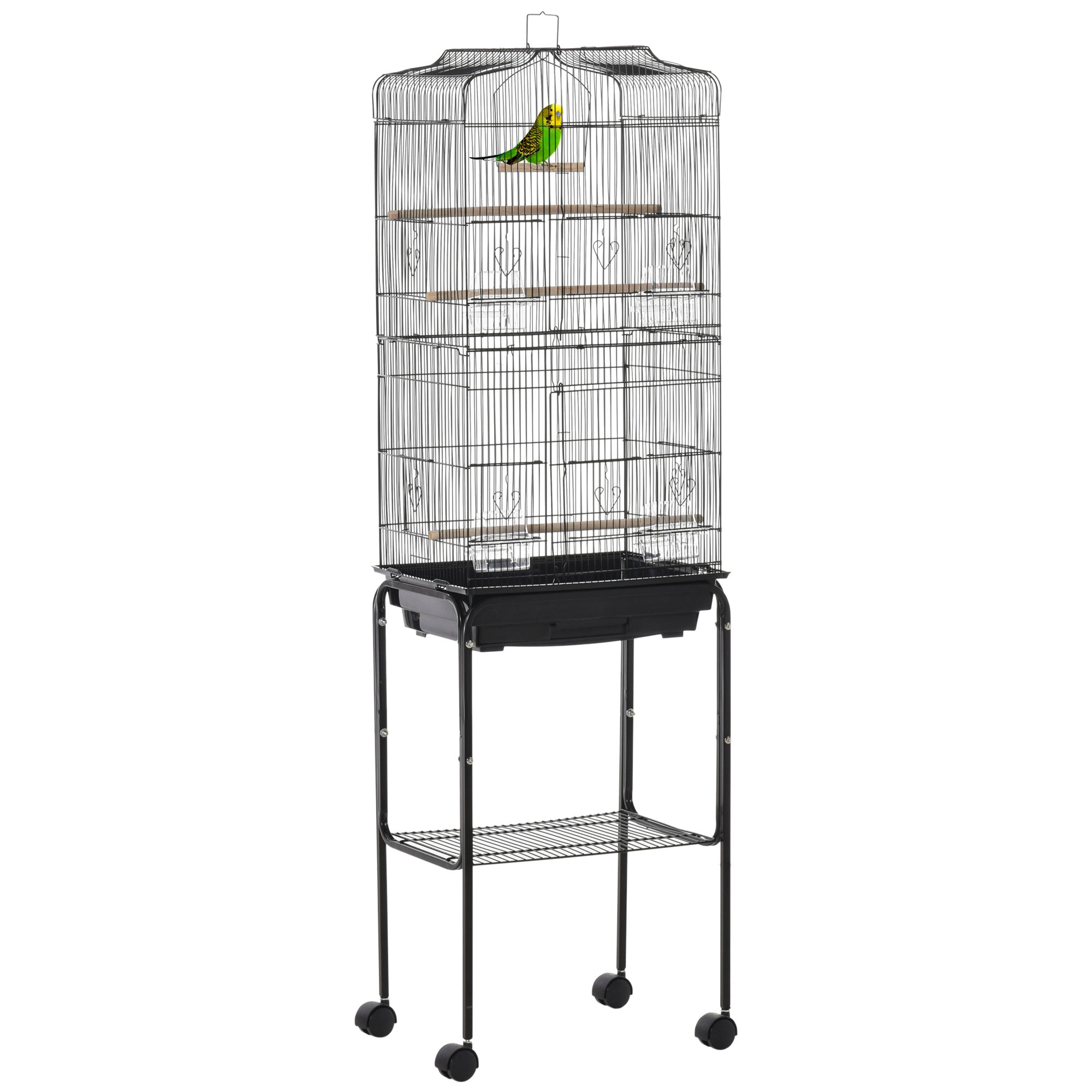 PawHut Bird Cage Budgie Cages for Finch Canary Parakeet with Stand Wheels Slide-out Tray Accessories Storage Shelf, Black 46.5 x 36 x 157 cm