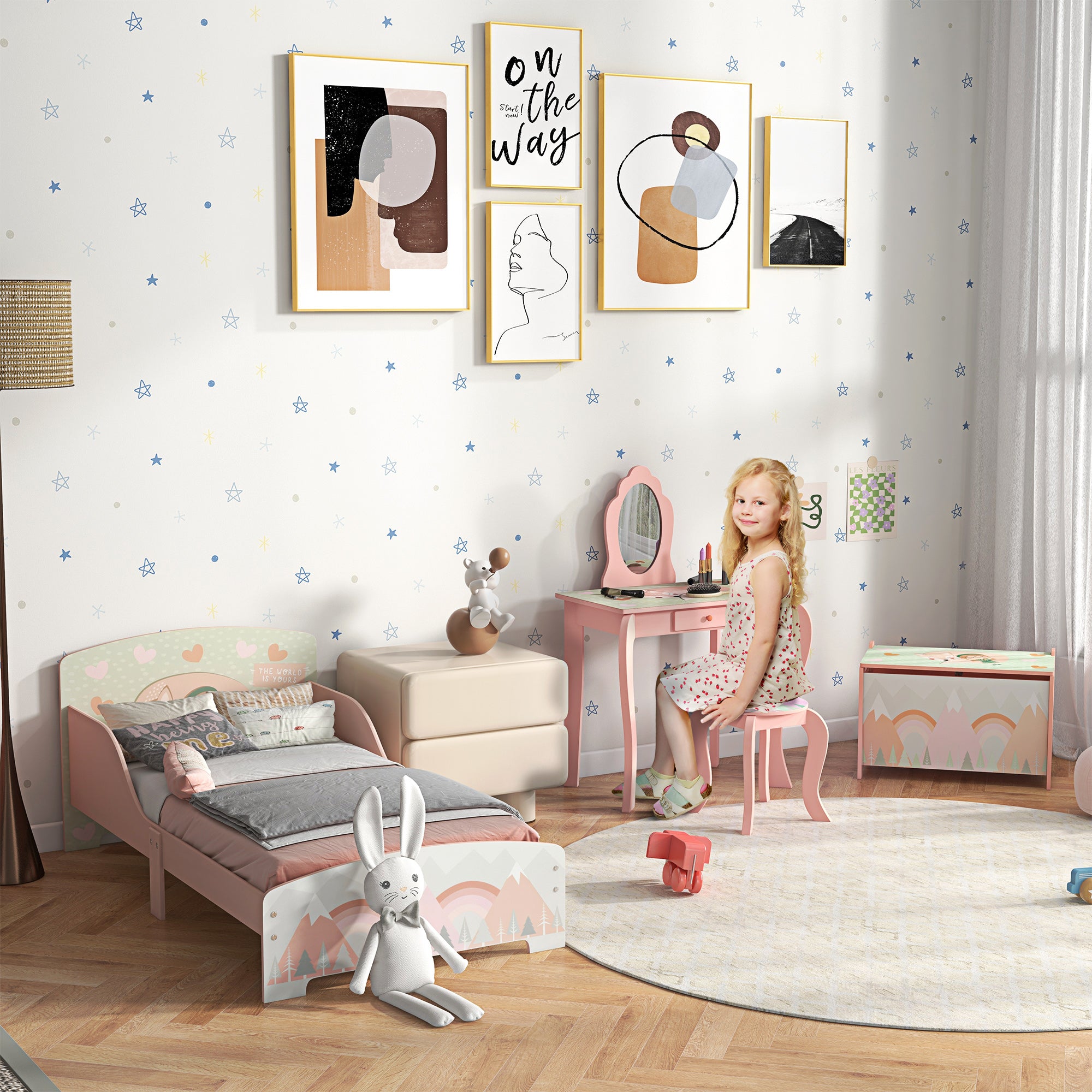 ZONEKIZ Kids Dressing Table with Mirror, Stool, Drawer, Cute Animal Design - Pink - North Peak Garden Furniture