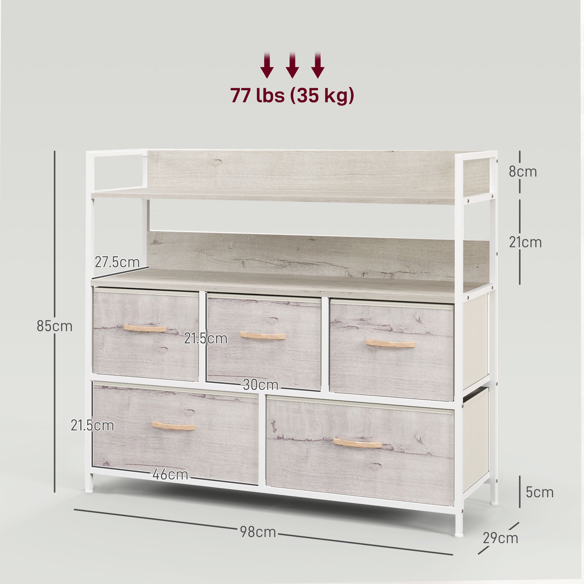 HOMCOM Rustic Chest of Five Fabric Drawers - Natural - North Peak Garden Furniture