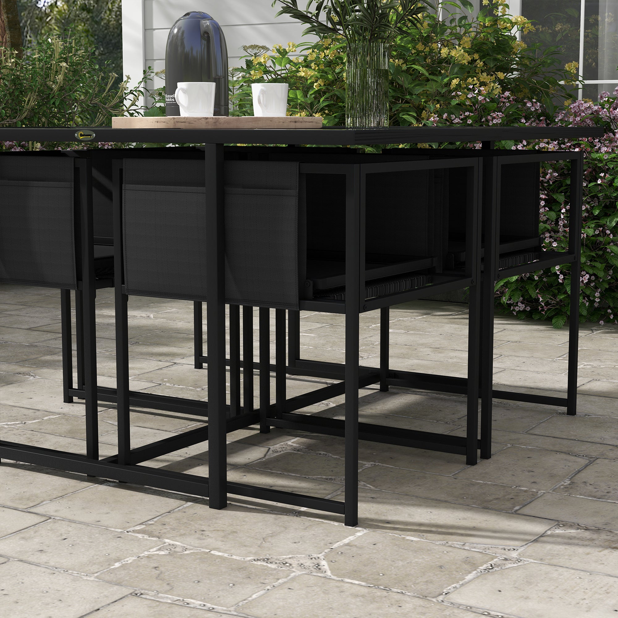 Outsunny 5 Piece Garden Dining Set with Breathable Mesh Seat, Adjustable Backrest, Tempered Glass Table Top for Patio, Black - North Peak Garden Furniture