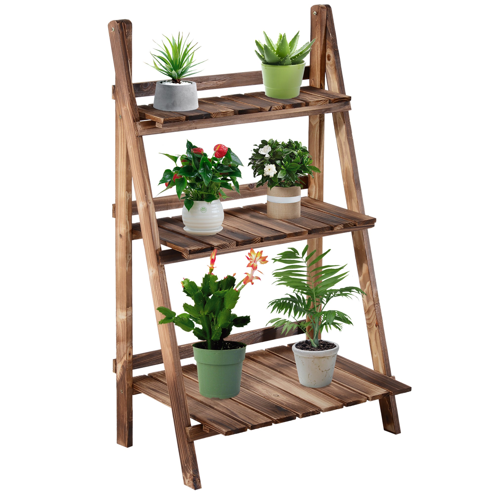 Outsunny Wooden Folding Flower Pot Stand 3 Tier Garden Planter Display Ladder Gardener Storage Shelves Rack Herb Holder (60L x 37W x 93H (cm))