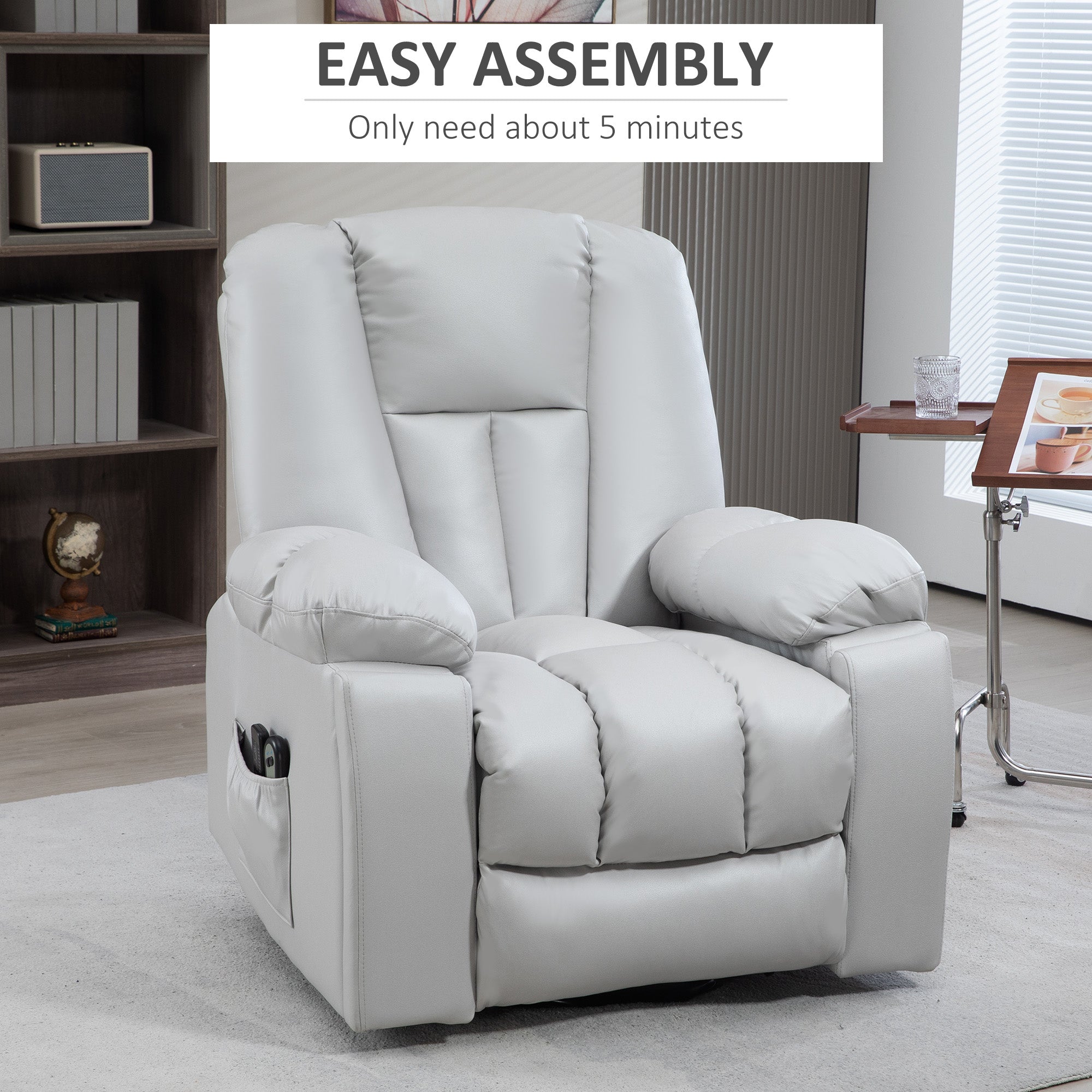 HOMCOM Leathaire Eight Massage Point Armchair, with Reclining Back - Light Grey - North Peak Garden Furniture