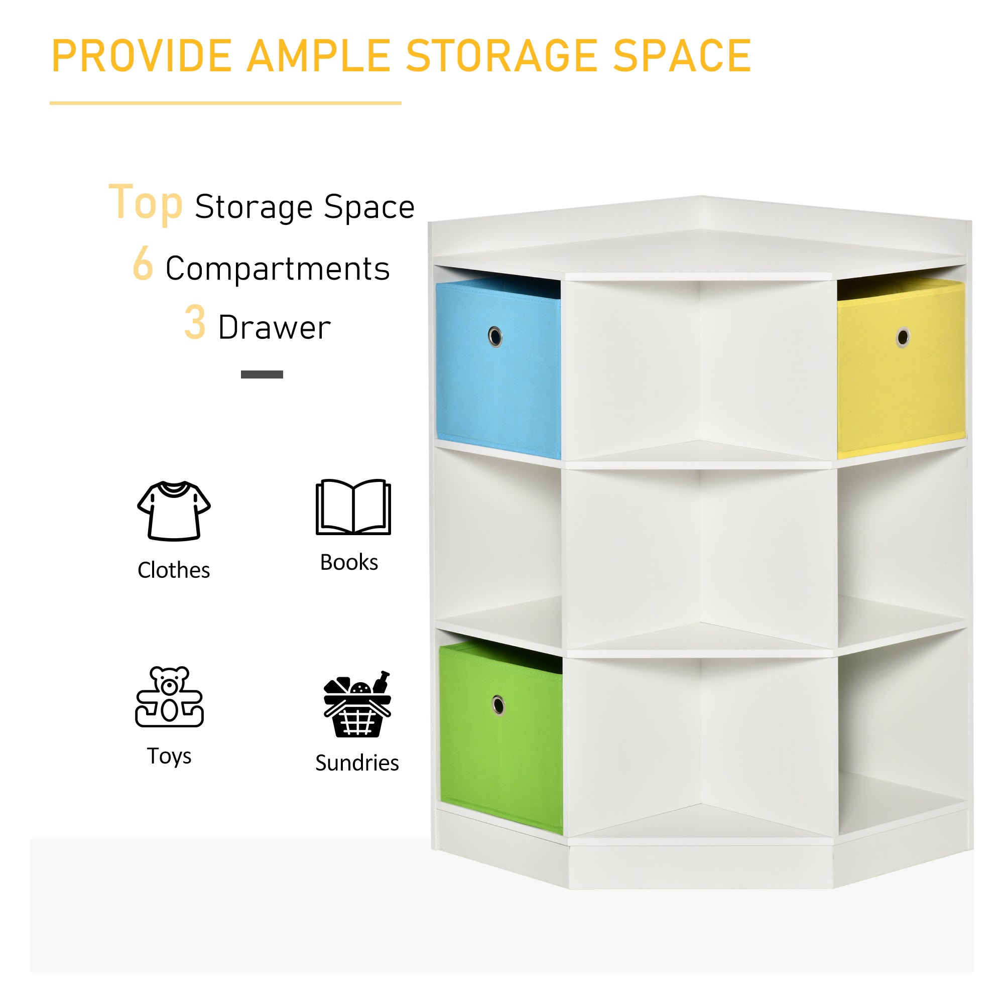 HOMCOM 3 Tier Kids Bookcase Toy Organiser Storage w/ 3 Fabric Drawers, White - North Peak Garden Furniture