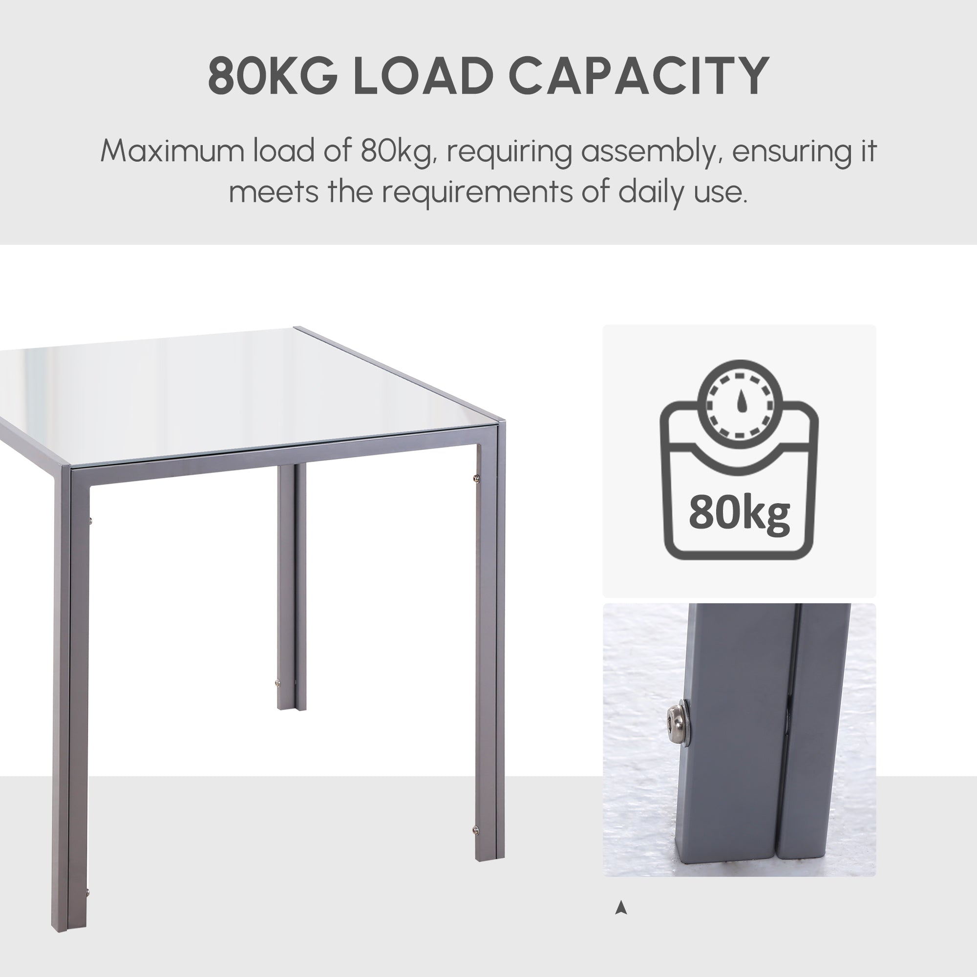 HOMCOM Modern Square Dining Table for 2-4 People, with Glass Top & Metal Legs for Dining Room, Living Room, Grey - North Peak Garden Furniture