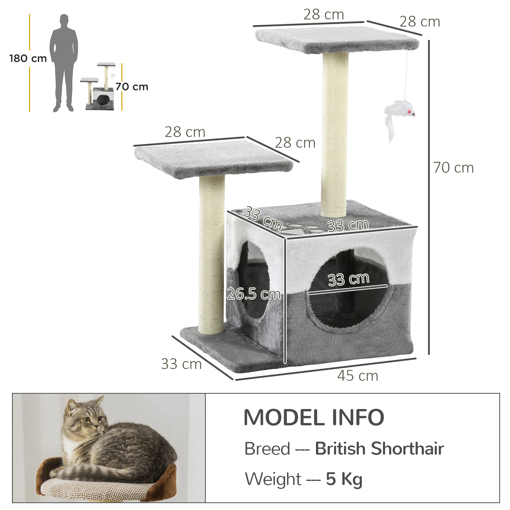 PawHut Cat Tree w/ Sisal Scratching Posts, House, Perches, Toy Mouse, Grey - North Peak Garden Furniture