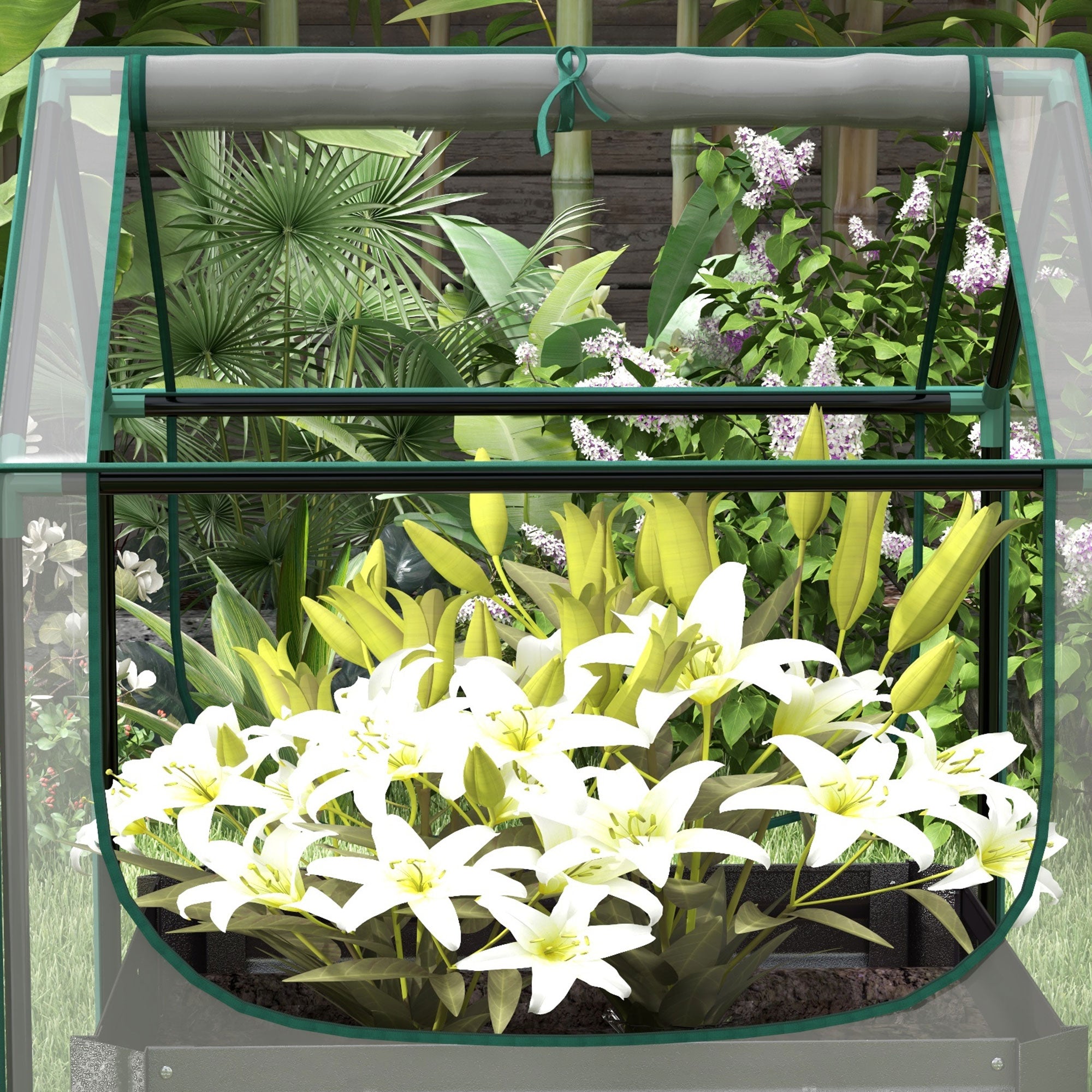 Outsunny Metal Planter Box with Cover, Raised Garden Bed with Greenhouse, for Herbs and Vegetables, Clear and Dark Grey - North Peak Garden Furniture