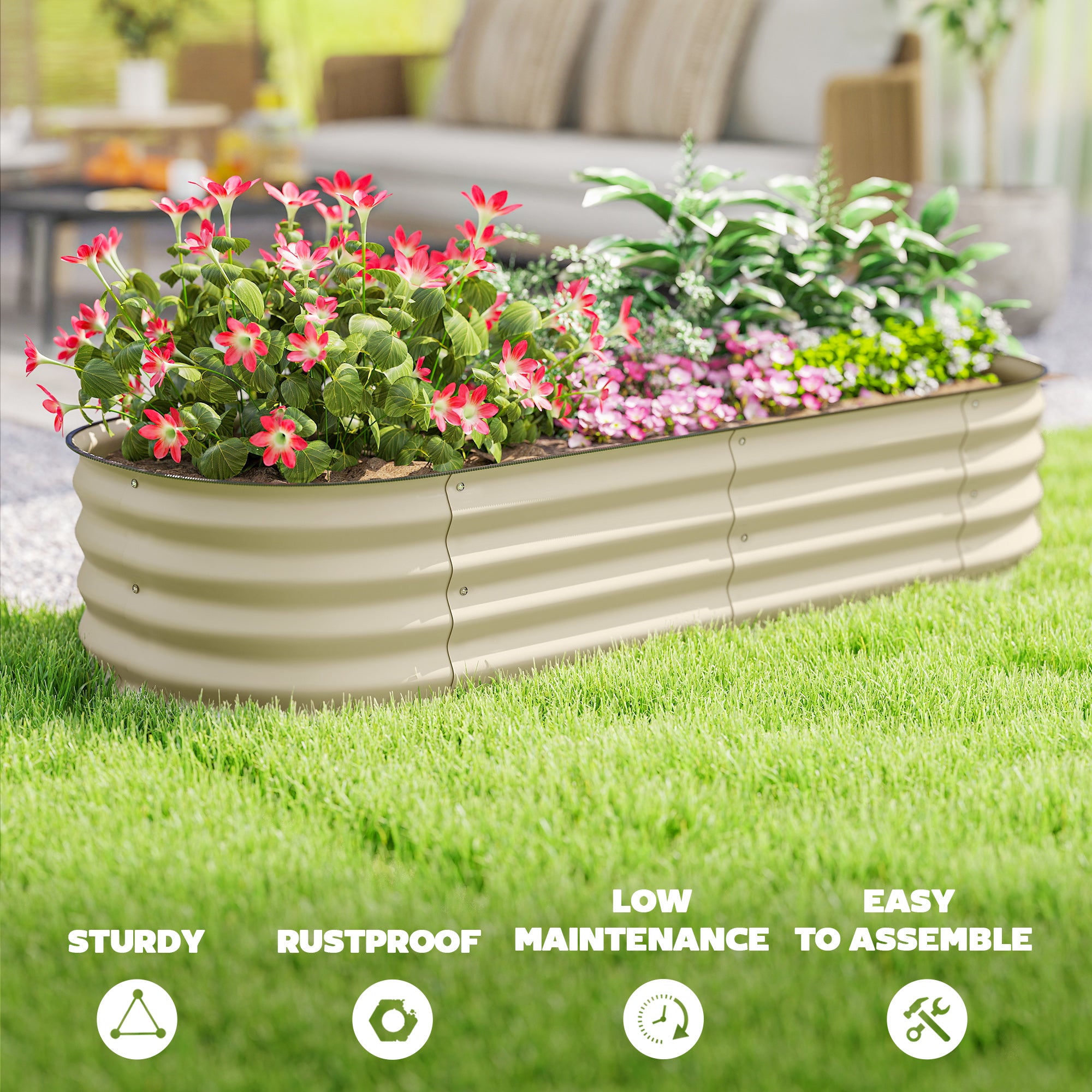 Outsunny Galvanised Raised Garden Bed, Metal Planter Box with Safety Edging, for Flowers, Herbs, Succulents, Cream White