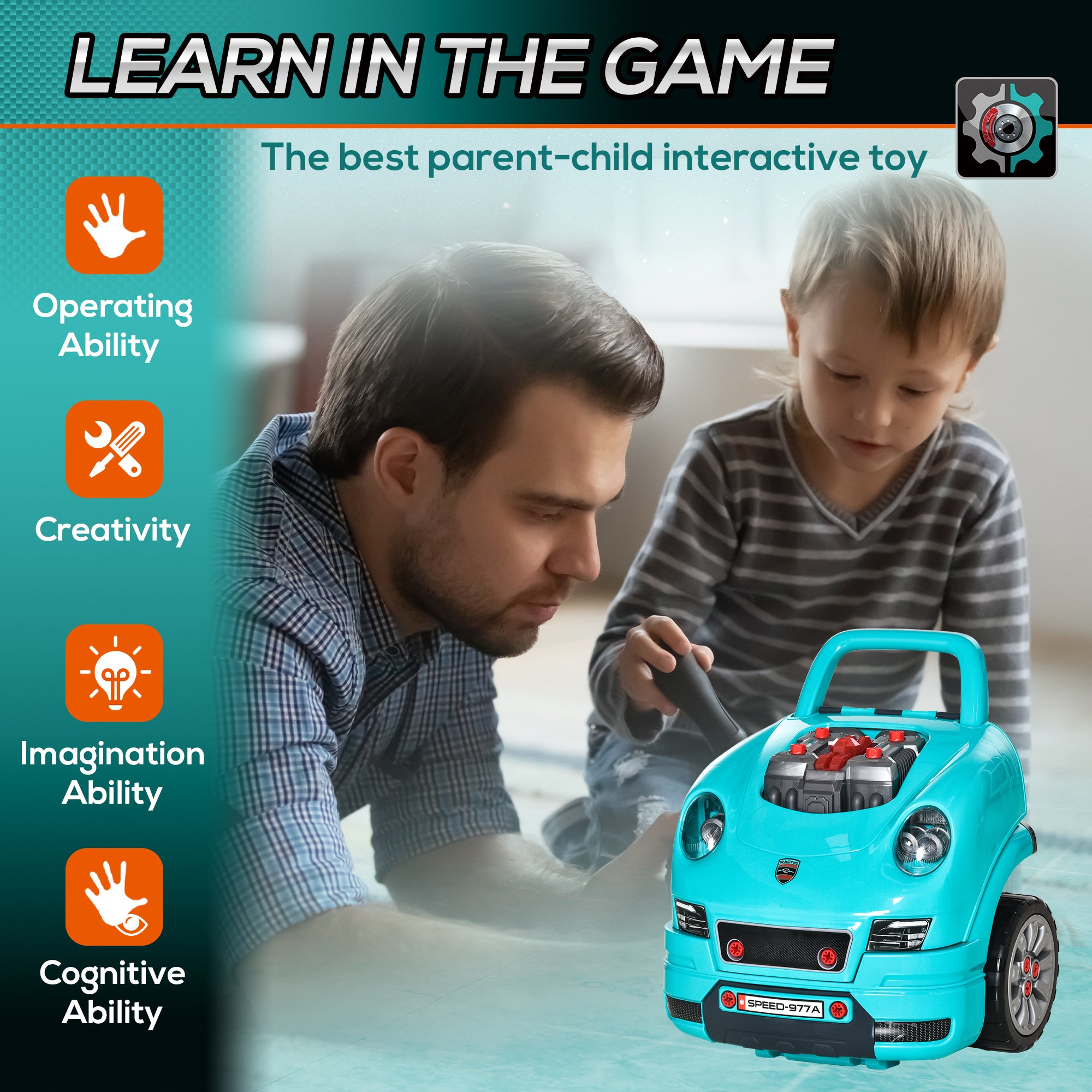 HOMCOM Kids Truck Engine Toy Set, with Horn, Light, Car Key, for Ages 3-5 Years - Teal - North Peak Garden Furniture