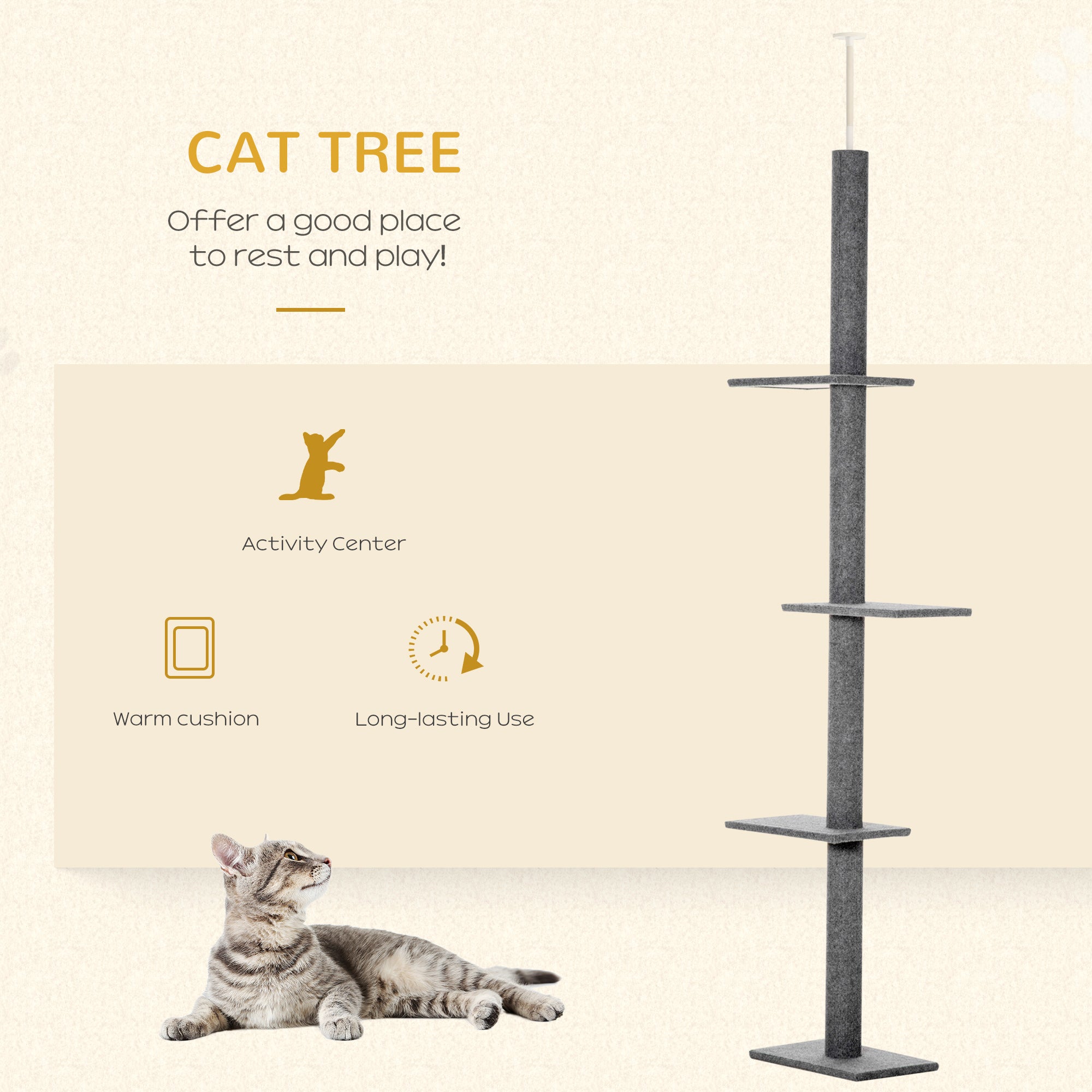 PawHut 260cm Floor To Ceiling Cat Tree for Indoor Cats w/ Three Platforms Activity Centre - Grey - North Peak Garden Furniture