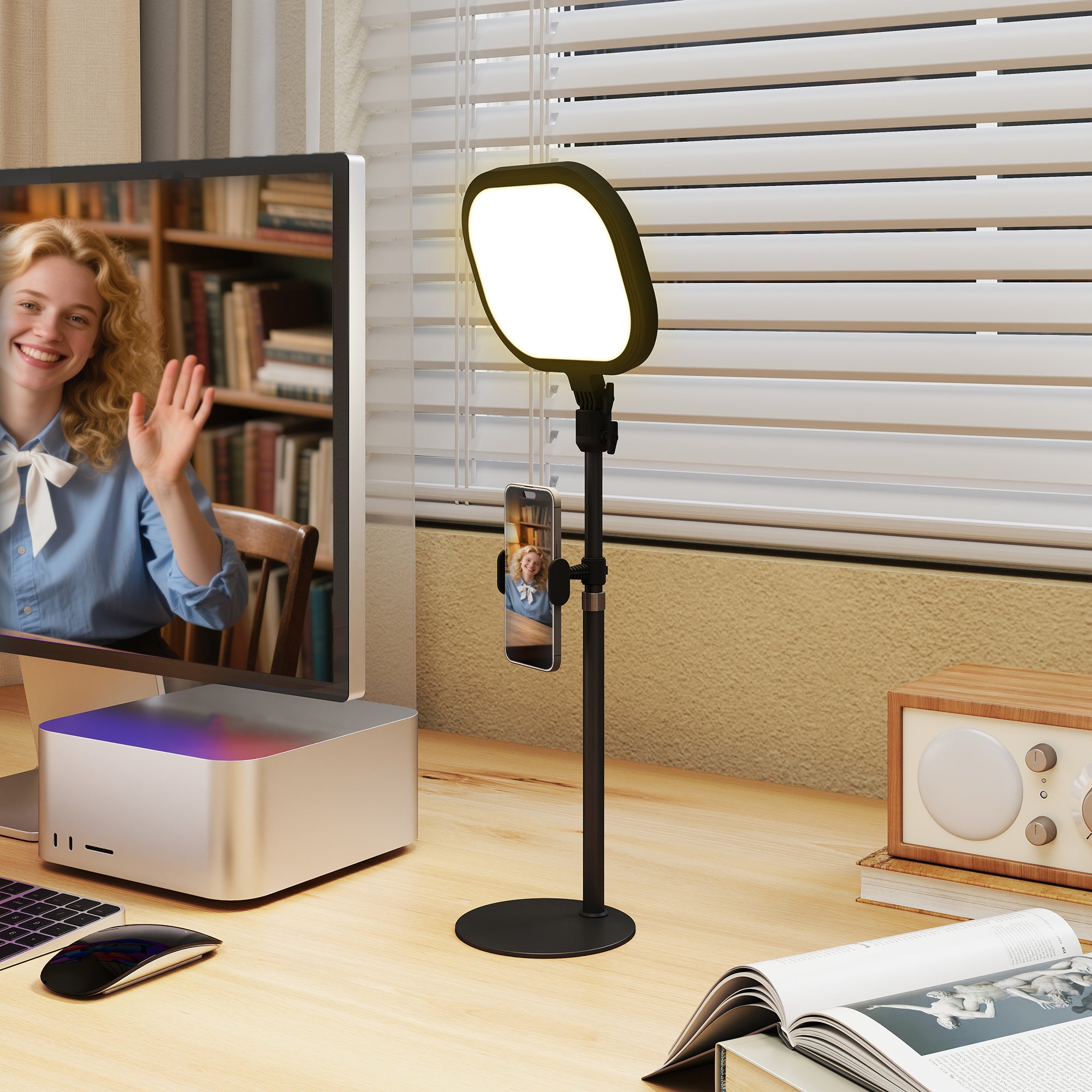 HOMCOM Selfie Light for Video Conference Lighting, Dimmable Desk Lamp with Stand Phone Holder, 5 Colour Modes & 10 Brightness Levels, Memory Function for Home Office, Recording, Video Calls, Black - North Peak Garden Furniture